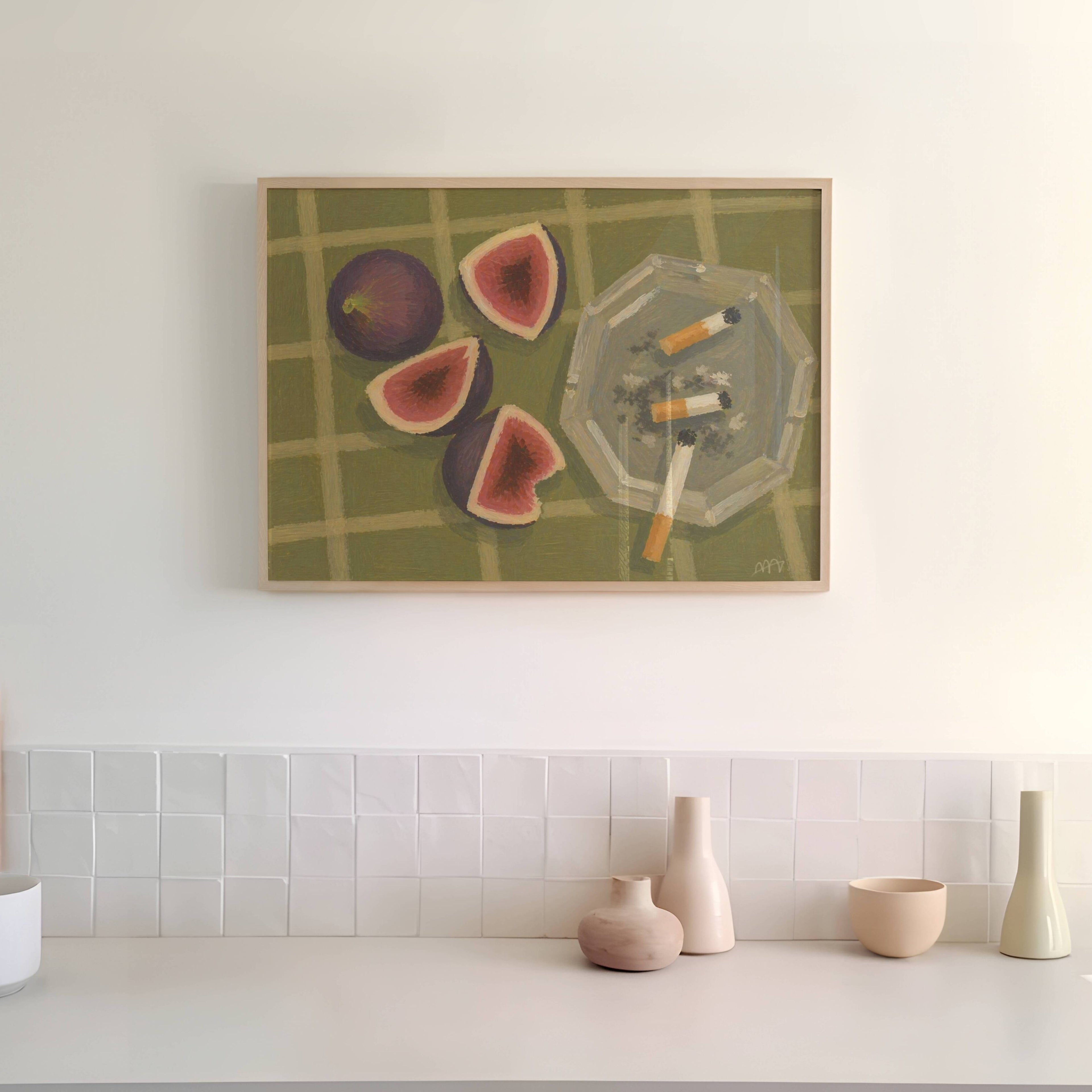 figs and cigarettes contemporary still life Kitchen wall art with hand drawn ripe figs and ashtray illustrations on a khaki background, with expressive painterly texture and nostalgic atmosphere. This is a hand drawn still life table Oil Painting kitchen and bar cart art Print decor for playful kitchens, dining spaces and eclectic interiors.