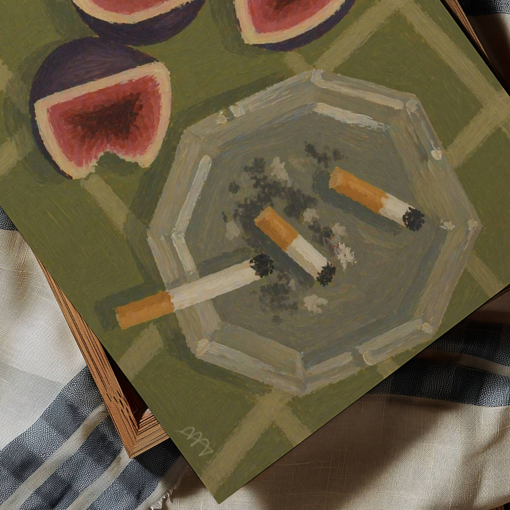 figs and cigarettes contemporary still life Kitchen wall art with hand drawn ripe figs and ashtray illustrations on a khaki background, with expressive painterly texture and nostalgic atmosphere. This is a hand drawn still life table Oil Painting kitchen and bar cart art Print decor for playful kitchens, dining spaces and eclectic interiors.