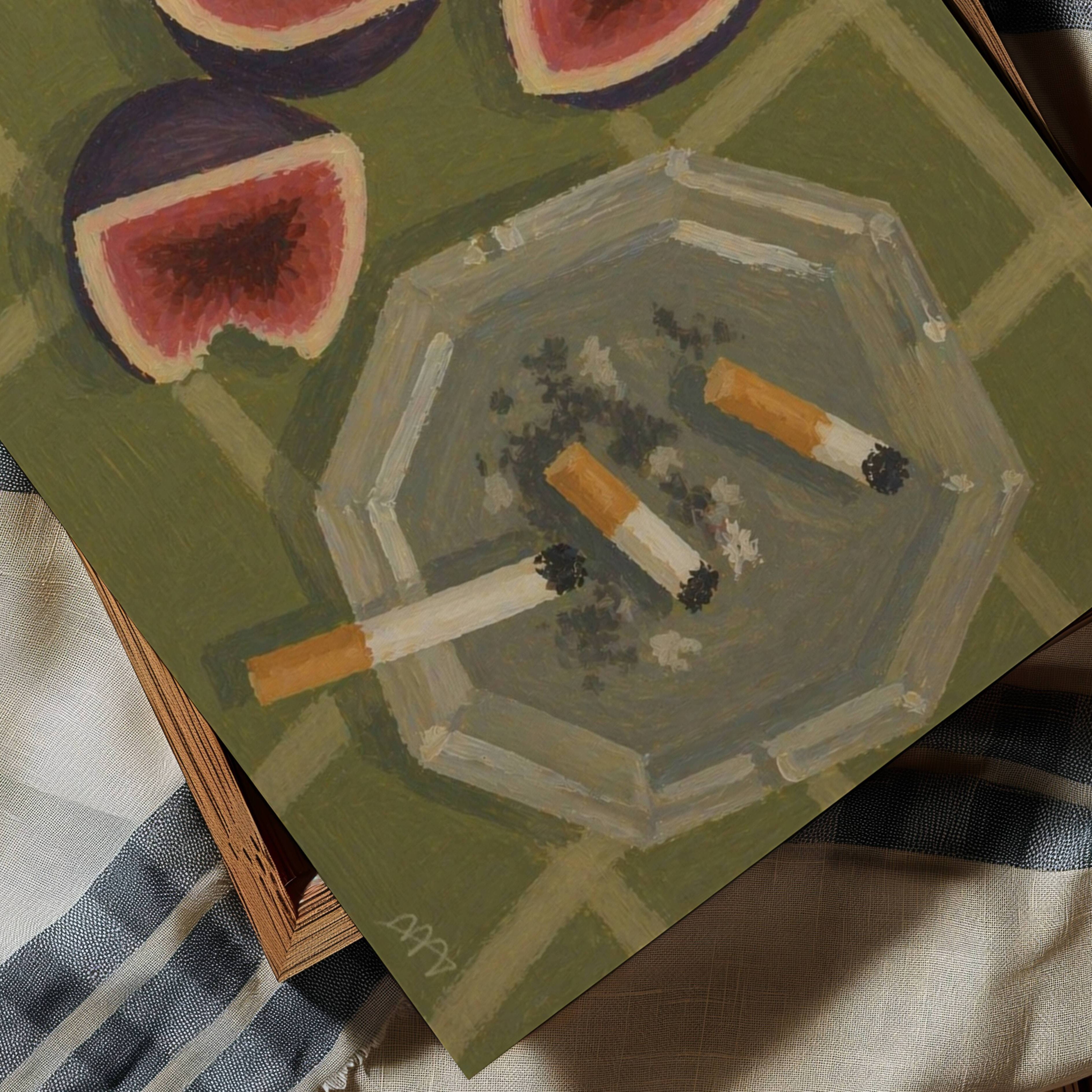 figs and cigarettes contemporary still life Kitchen wall art with hand drawn ripe figs and ashtray illustrations on a khaki background, with expressive painterly texture and nostalgic atmosphere. This is a hand drawn still life table Oil Painting kitchen and bar cart art Print decor for playful kitchens, dining spaces and eclectic interiors.