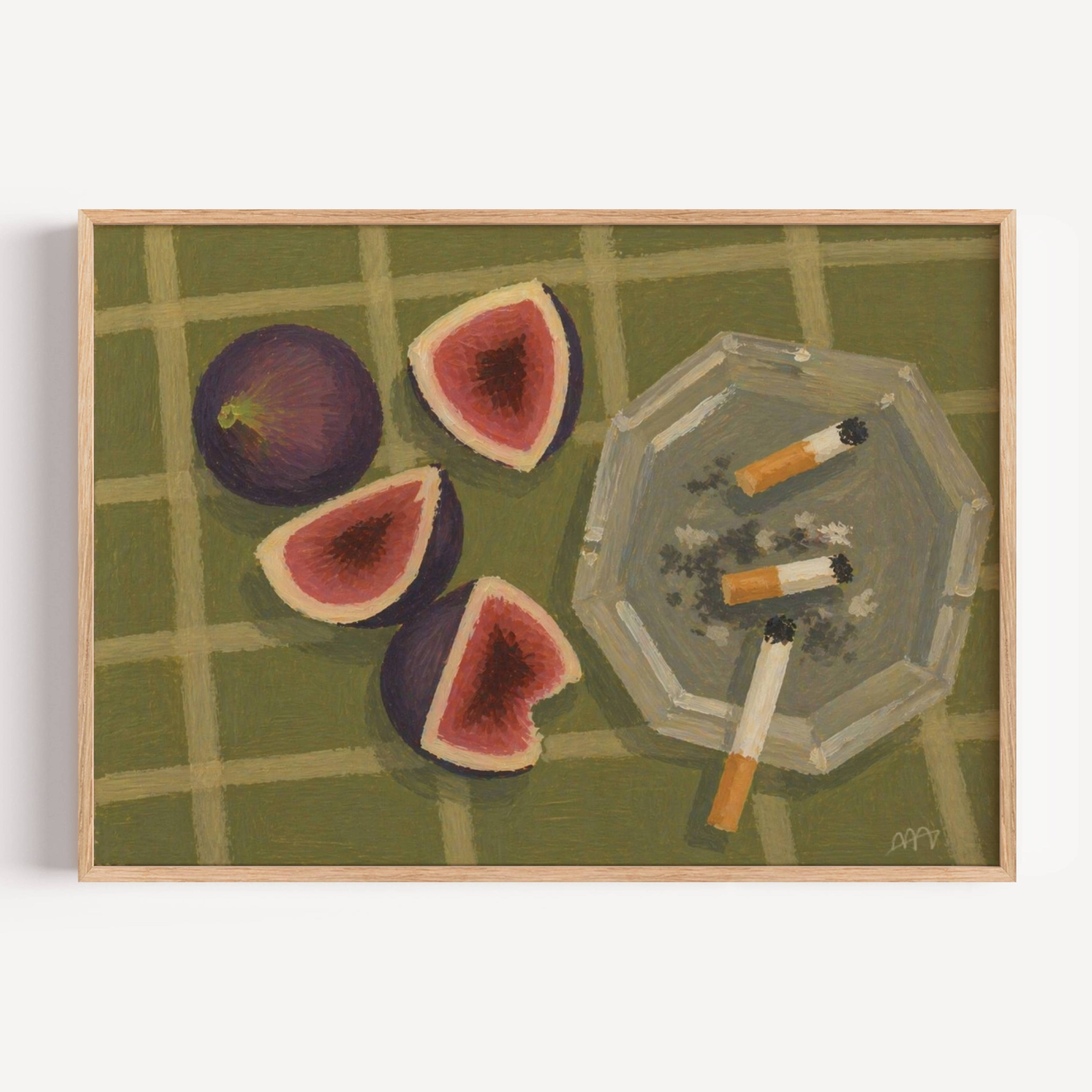 figs and cigarettes contemporary still life Kitchen wall art with hand drawn ripe figs and ashtray illustrations on a khaki background, with expressive painterly texture and nostalgic atmosphere. This is a hand drawn still life table Oil Painting kitchen and bar cart art Print decor for playful kitchens, dining spaces and eclectic interiors.