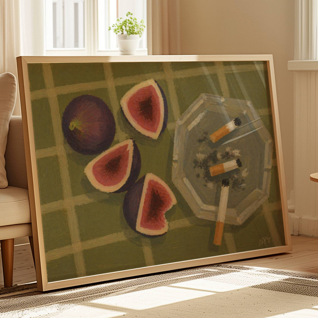 figs and cigarettes contemporary still life Kitchen wall art with hand drawn ripe figs and ashtray illustrations on a khaki background, with expressive painterly texture and nostalgic atmosphere. This is a hand drawn still life table Oil Painting kitchen and bar cart art Print decor for playful kitchens, dining spaces and eclectic interiors.