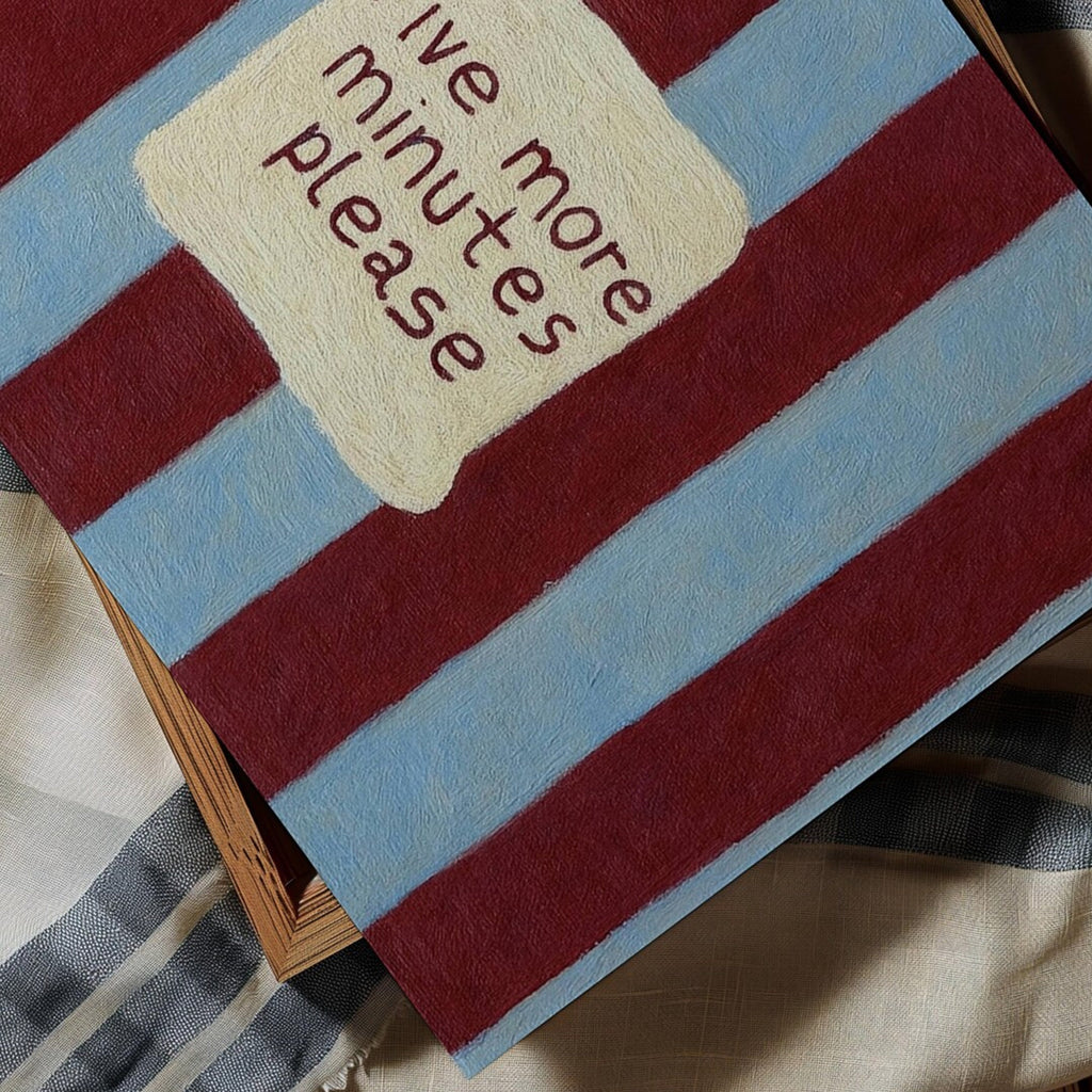 hand drawn Playful funny bedroom typography print with the phrase "five more minutes please" in striped blue and ruby, on textured oil painting canva. This is a hand drawn trendy typography wall art print ideal for above bed, bedrooms, dorm room decor, living rooms and kitchens, gallery walls and playful interiors