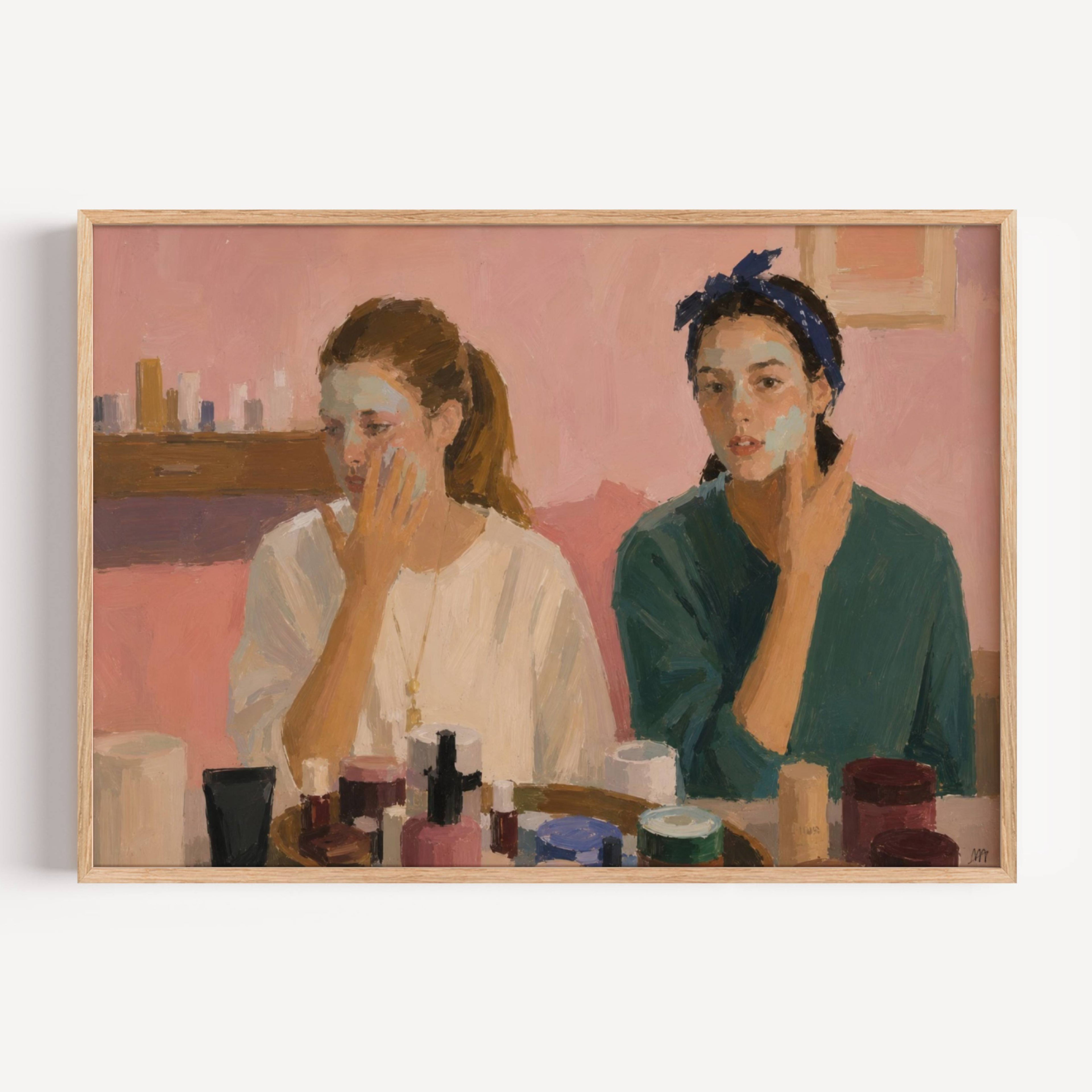 friendship maintenance is a hand painted retro nostalgic contemporary figurative wall art print of two girls applying face masks and doing their skincare, inspired by contemporary figurative painting, the value of friendship, cinematic images, the melancholy beauty of old films, bringing storytelling, atmosphere and . large textured canva oil painting wall art print