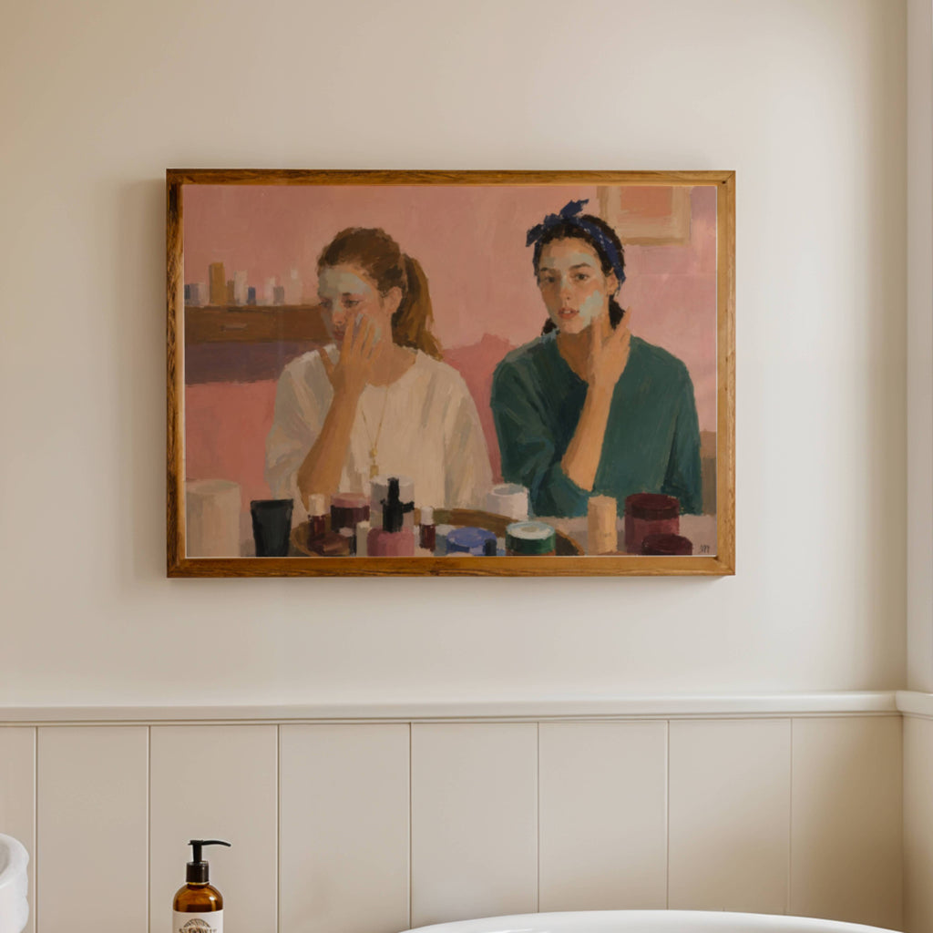 friendship maintenance is a hand painted retro nostalgic contemporary figurative wall art print of two girls applying face masks and doing their skincare, inspired by contemporary figurative painting, the value of friendship, cinematic images, the melancholy beauty of old films, bringing storytelling, atmosphere and . large textured canva oil painting wall art print