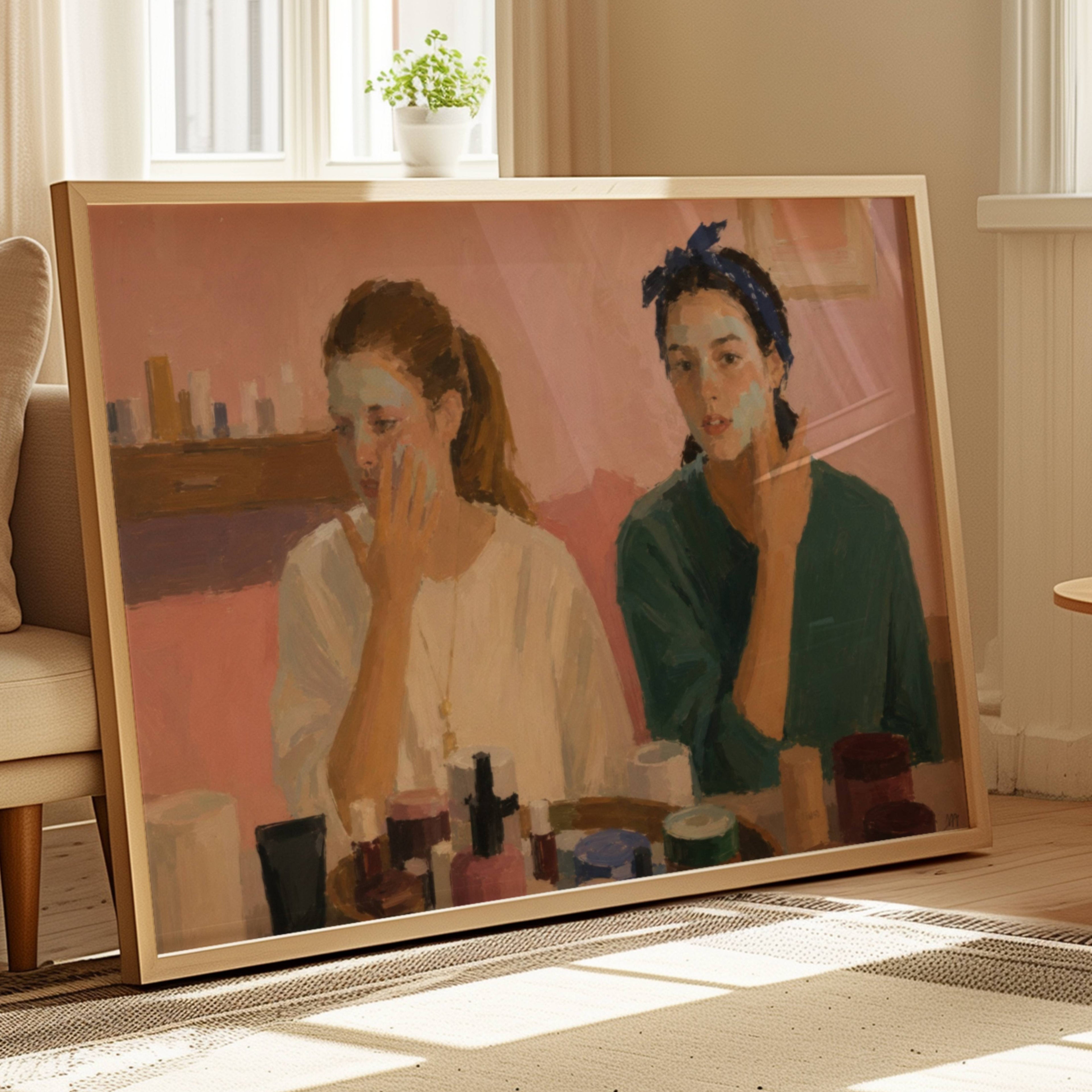 friendship maintenance is a hand painted retro nostalgic contemporary figurative wall art print of two girls applying face masks and doing their skincare, inspired by contemporary figurative painting, the value of friendship, cinematic images, the melancholy beauty of old films, bringing storytelling, atmosphere and . large textured canva oil painting wall art print