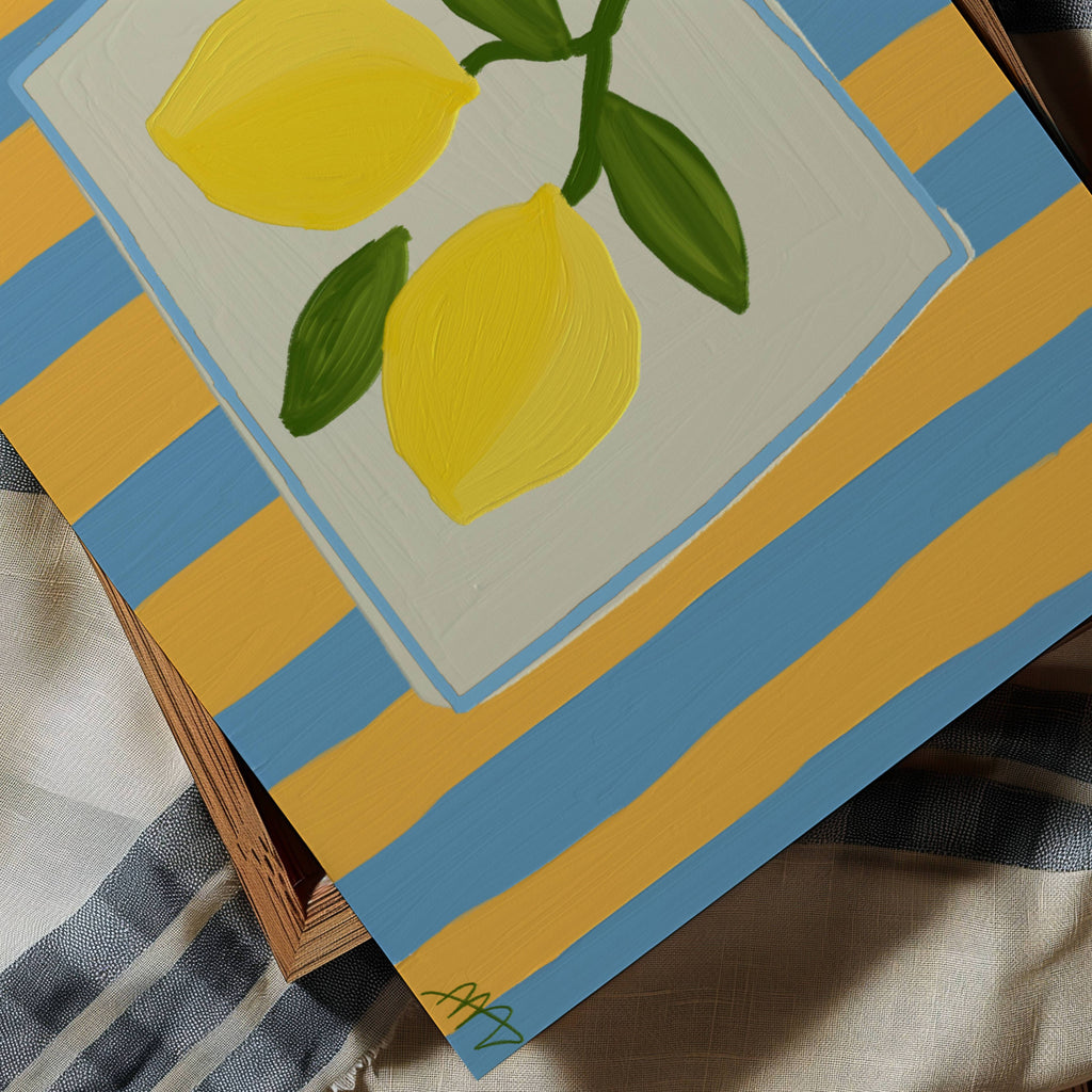 Playful Hand drawn Kitchen wall art with lemons illustration on a blue and yellow striped background inspired by Mediterranean interiors. This is a hand drawn Food Oil Painting kitchen and bar cart art Print decor for playful kitchens, dining spaces and eclectic interiors.