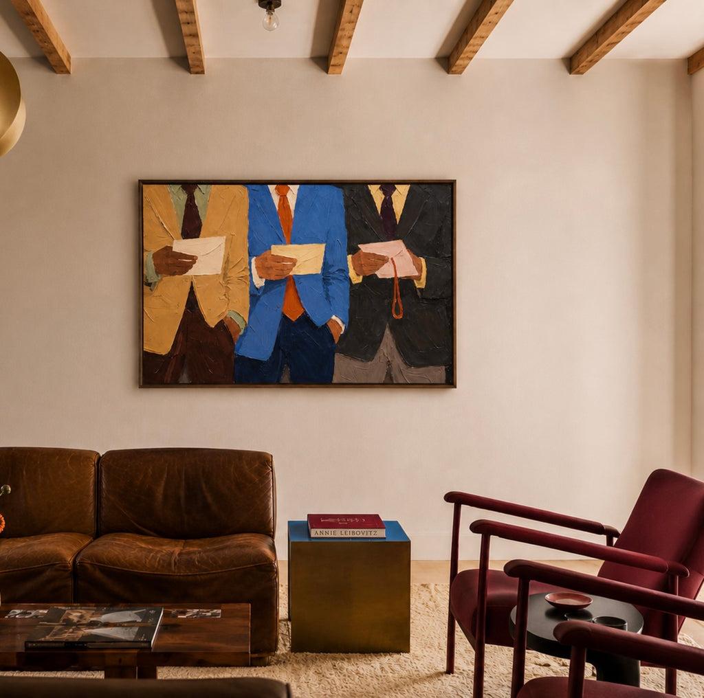 business as usual is a hand painted abstract contemporary figurative wall art print featuring men figures in suits, inspired by contemporary figurative painting, professional culture. Horizontal large textured canva oil painting wall art print for office decor, studies, living rooms, workspaces