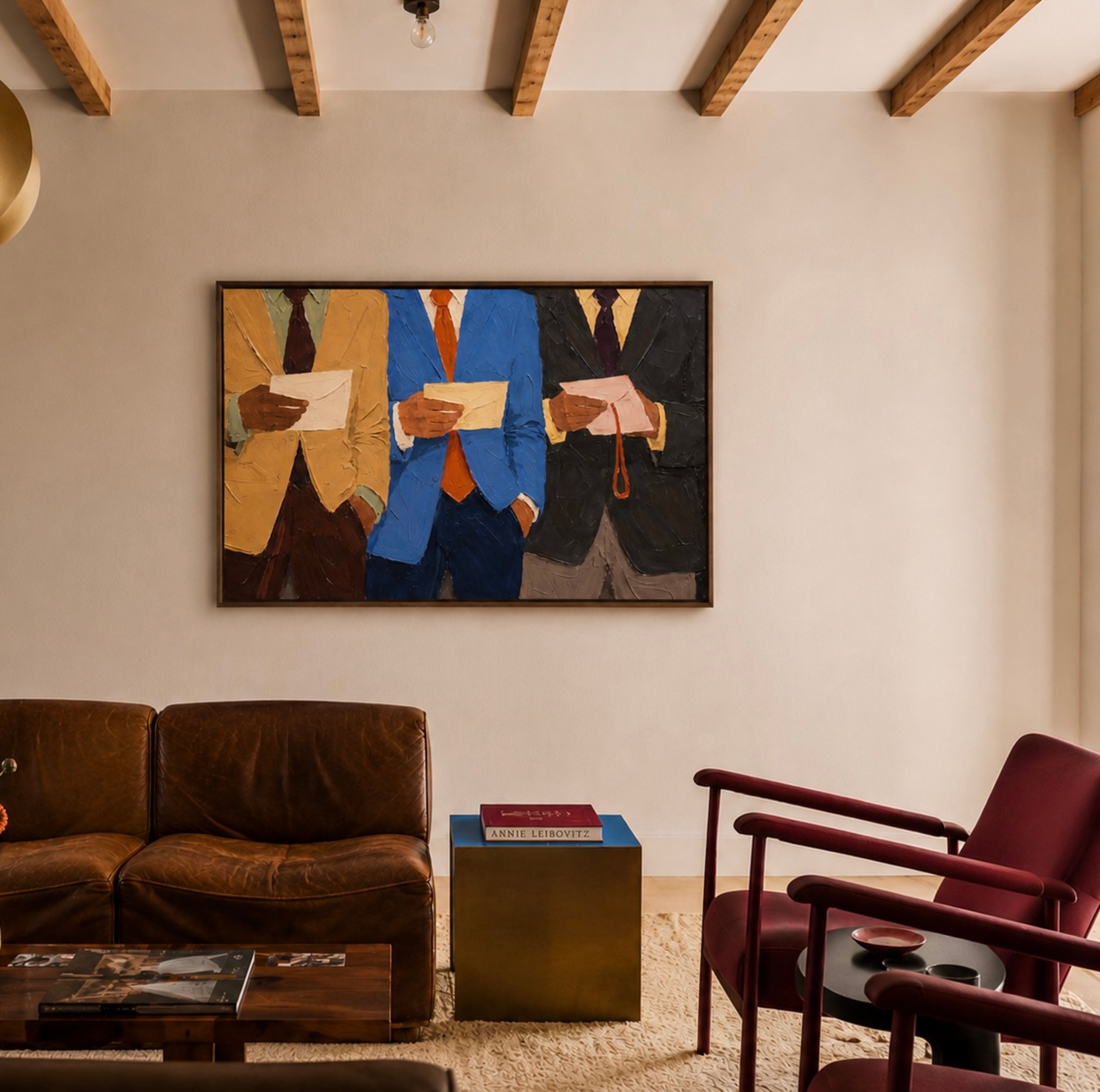 business as usual is a hand painted abstract contemporary figurative wall art print featuring men figures in suits, inspired by contemporary figurative painting, professional culture. Horizontal large textured canva oil painting wall art print for office decor, studies, living rooms, workspaces