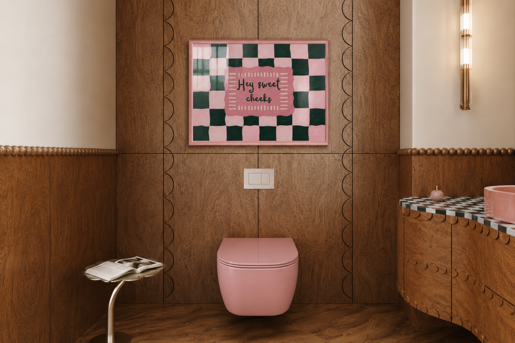 HEY SWEET CHEEKS is a whimsical Retro typography art print designed to bring humour, colour and personality into your bathroom and laundry room. Featuring vintage-inspired Checkered patterns and hand-lettered typography, this artwork captures the nostalgic charm while adding a playful decorative touch to modern interiors. this is a hand drawn Retro quote wall art, ideal for bathrooms, laundry room decor, and cheeky playful interiors. pink green