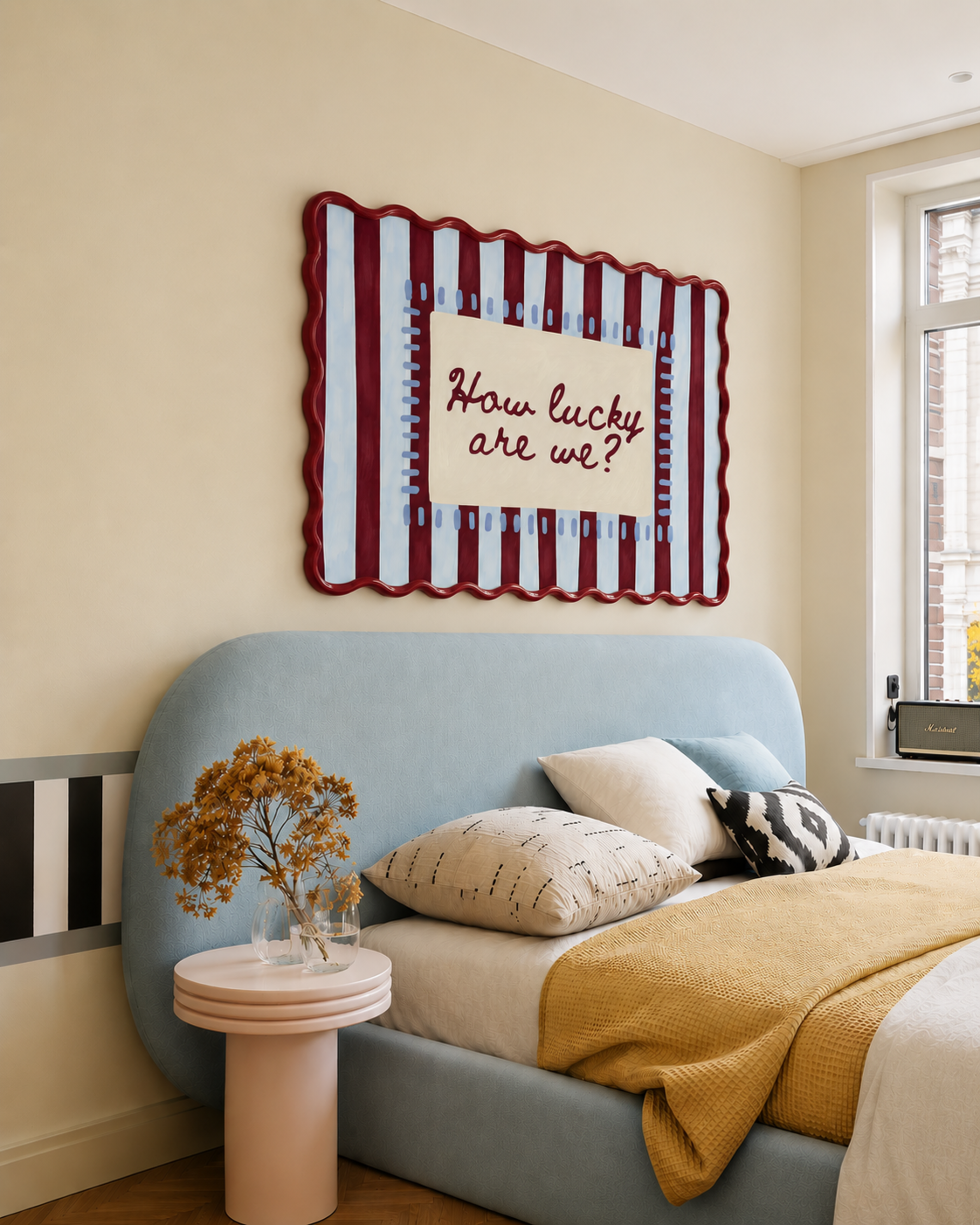 hand drawn Playful typography print with the phrase "How Lucky Are We?" on a blue and ruby burgundy striped background. This is a hand drawn trendy typography wall art print ideal for bedrooms, dorm room decor, gallery walls and playful interiors.