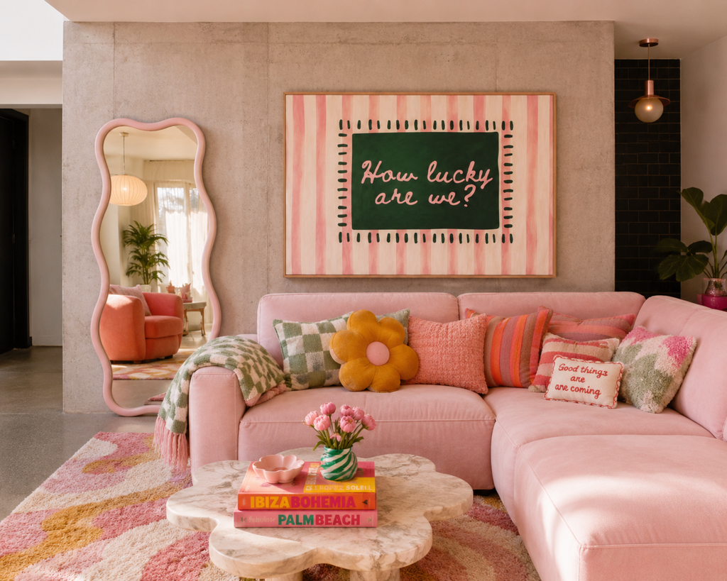 hand drawn Playful typography print with the phrase "How Lucky Are We?" on a pink striped background. This is a hand drawn trendy typography wall art print ideal for bedrooms, dorm room decor, gallery walls and playful interiors.