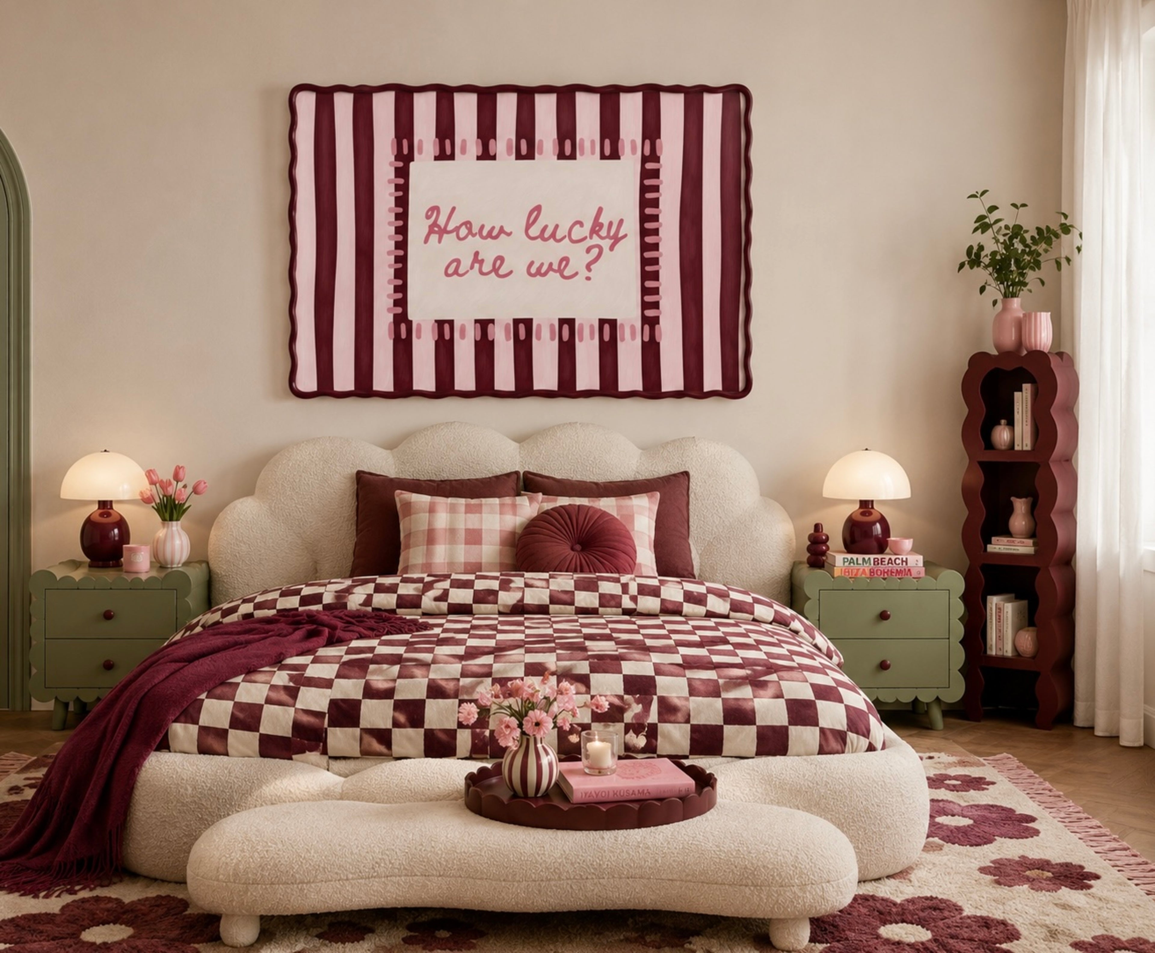 hand drawn Playful typography print with the phrase "How Lucky Are We?" on a pink and ruby burgundy striped background. This is a hand drawn trendy typography wall art print ideal for bedrooms, dorm room decor, gallery walls and playful interiors.