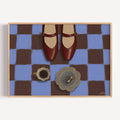 in between meetings is a hand painted still life wall art print featuring mary janes, a cup of coffee and cigarettes, on a checkerboard pattern, inspired by contemporary modern visual culture, fashion editorials and European cafes. Horizontal playful large canva oil painting wall art print