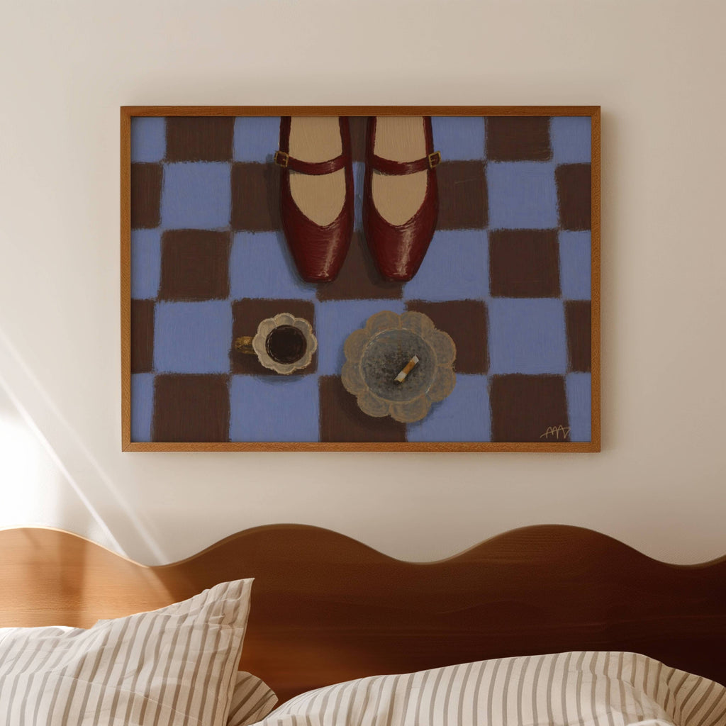 in between meetings is a hand painted still life wall art print featuring mary janes, a cup of coffee and cigarettes, on a checkerboard pattern, inspired by contemporary modern visual culture, fashion editorials and European cafes. Horizontal playful large canva oil painting wall art print