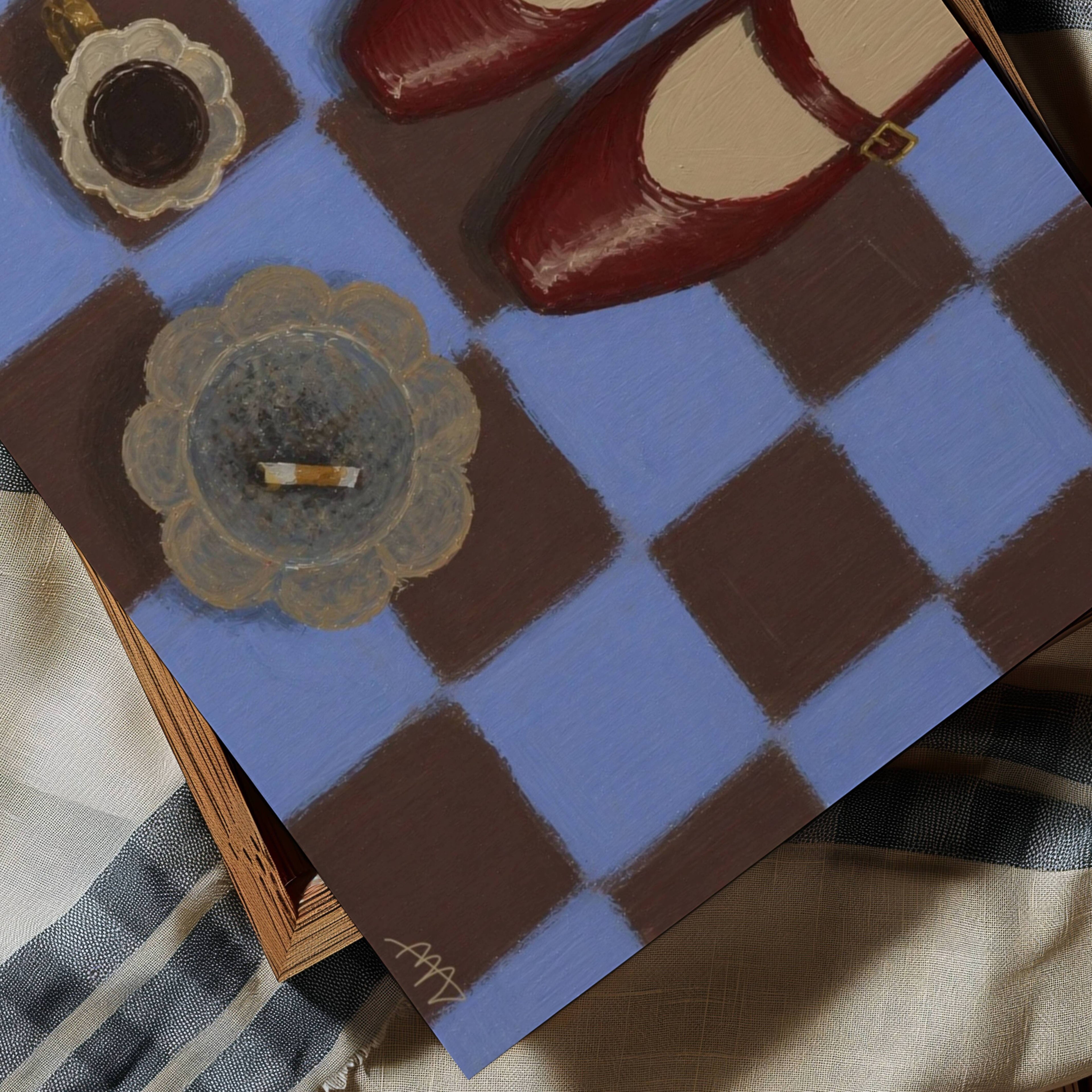 in between meetings is a hand painted still life wall art print featuring mary janes, a cup of coffee and cigarettes, on a checkerboard pattern, inspired by contemporary modern visual culture, fashion editorials and European cafes. Horizontal playful large canva oil painting wall art print
