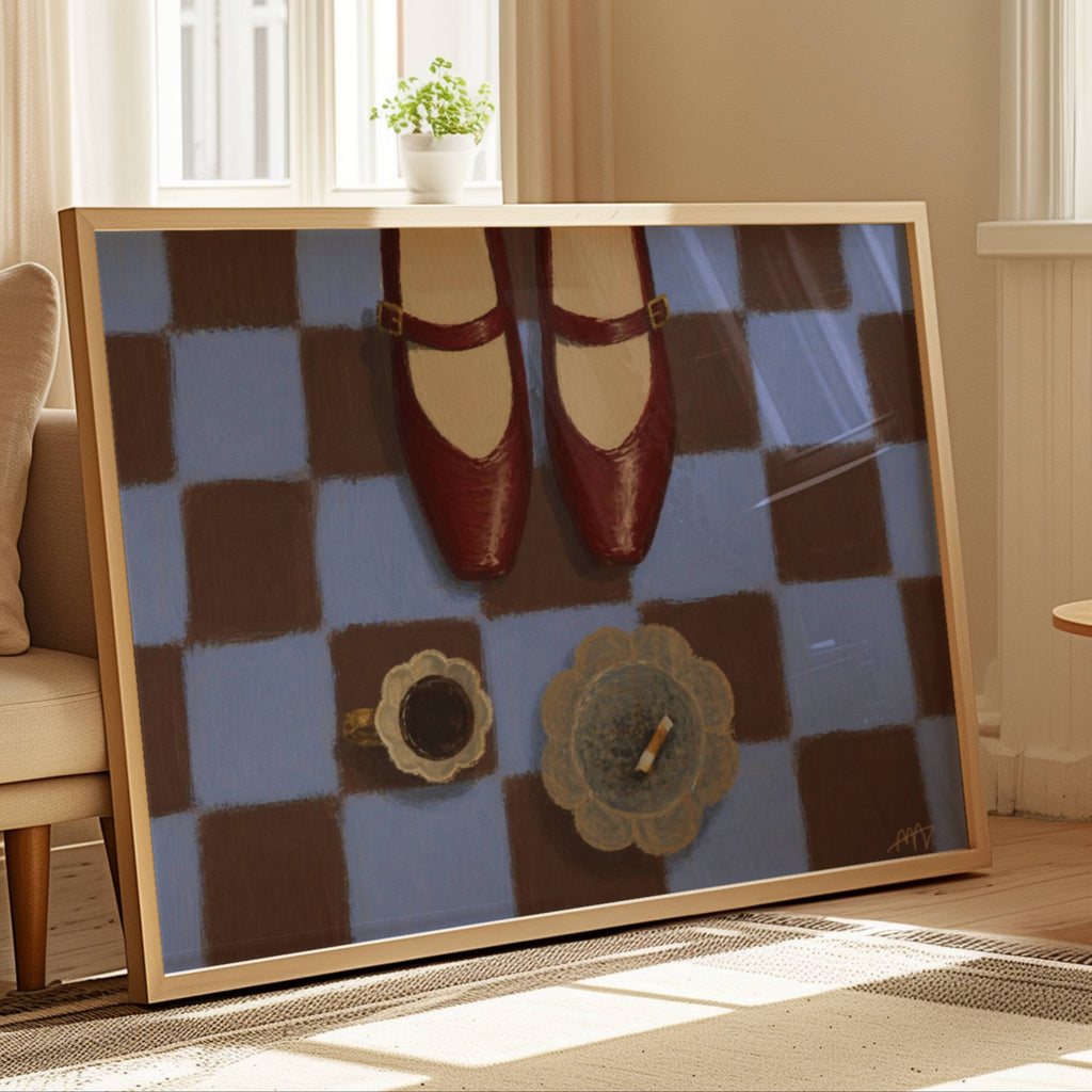 in between meetings is a hand painted still life wall art print featuring mary janes, a cup of coffee and cigarettes, on a checkerboard pattern, inspired by contemporary modern visual culture, fashion editorials and European cafes. Horizontal playful large canva oil painting wall art print