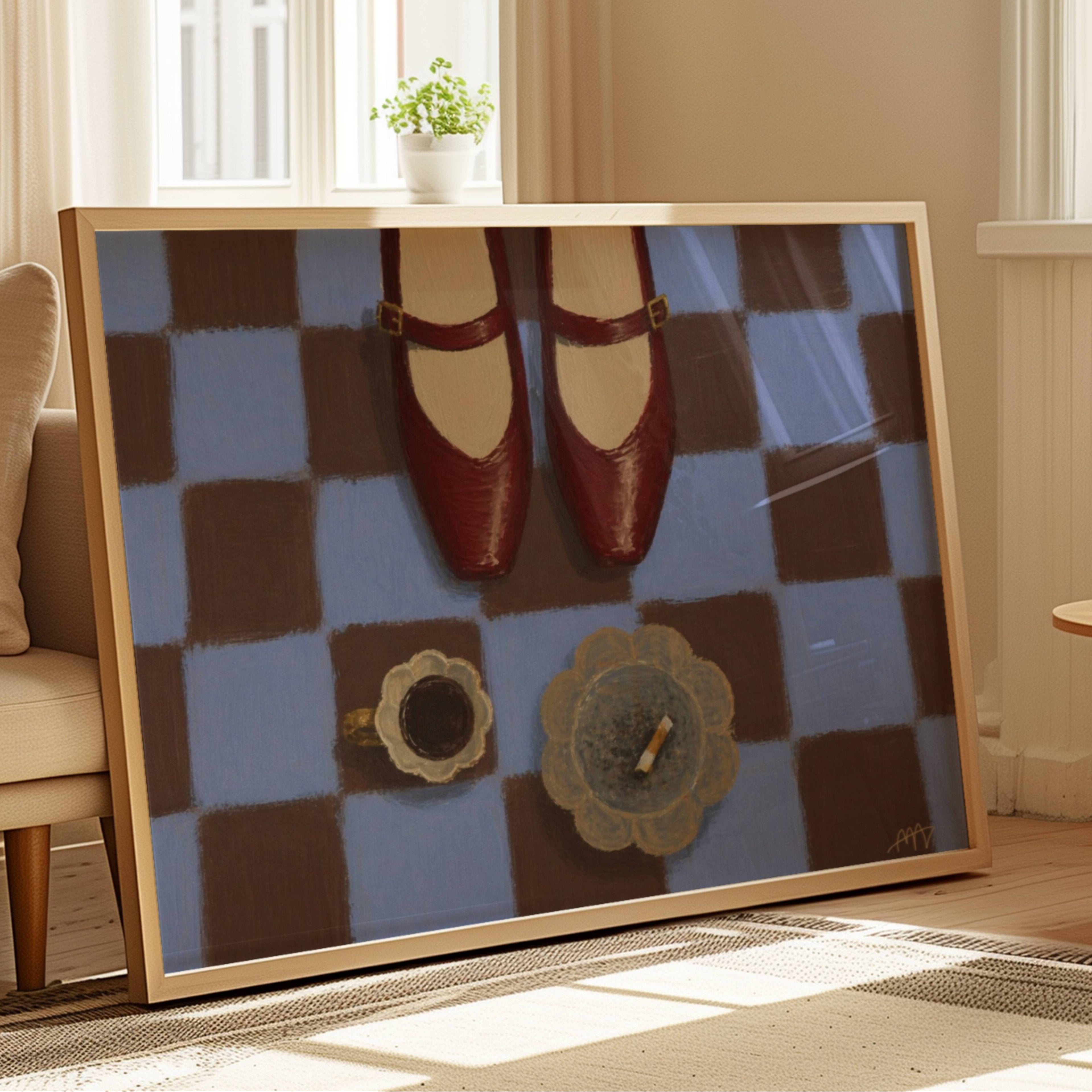 in between meetings is a hand painted still life wall art print featuring mary janes, a cup of coffee and cigarettes, on a checkerboard pattern, inspired by contemporary modern visual culture, fashion editorials and European cafes. Horizontal playful large canva oil painting wall art print