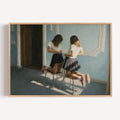 just between us is a hand painted retro nostalgic contemporary figurative wall art print of two girls sitting across each other on two chairs, inspired by contemporary figurative painting, the value of friendship, cinematic images, the melancholy beauty of old films, bringing storytelling, atmosphere and . large textured canva oil painting wall art print