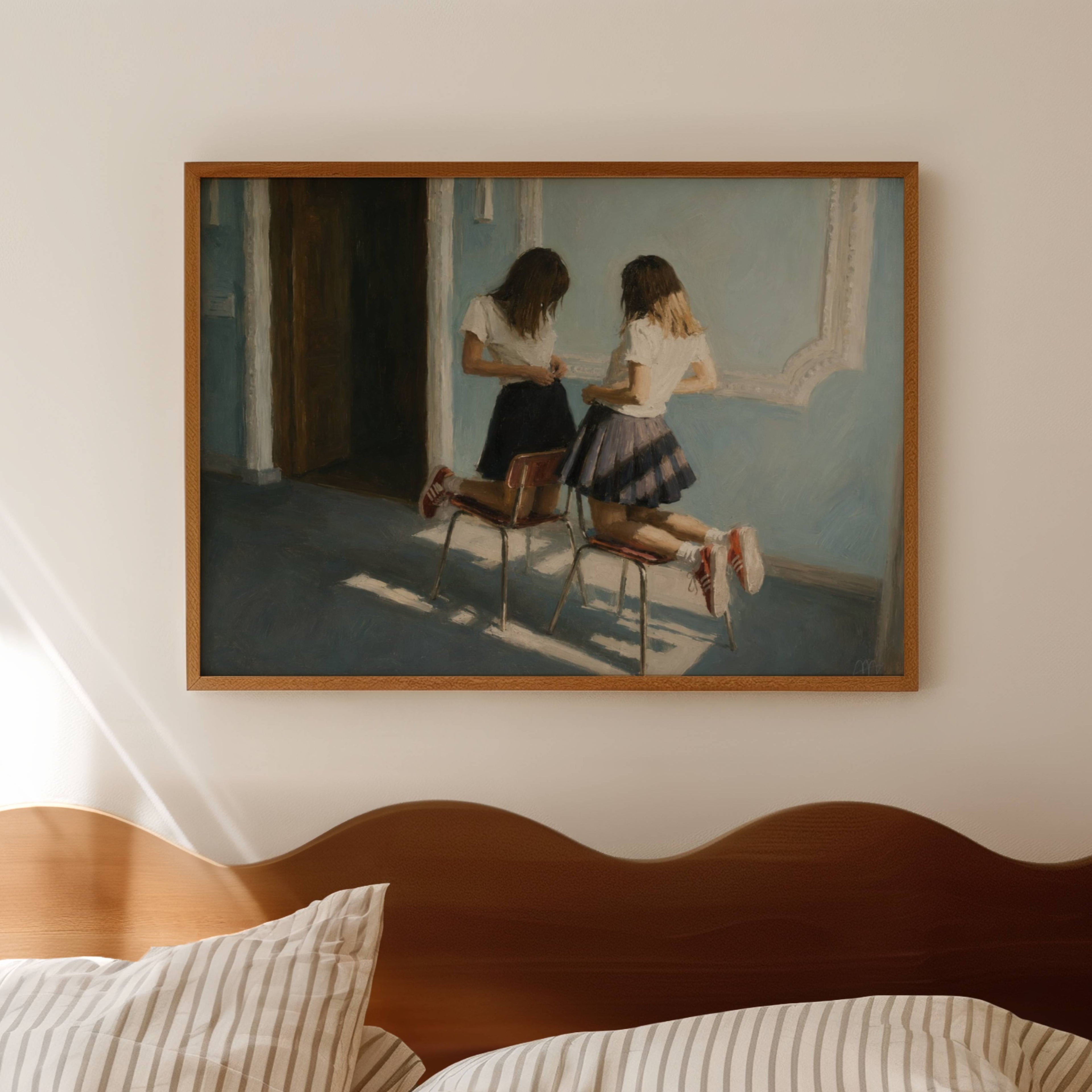 just between us is a hand painted retro nostalgic contemporary figurative wall art print of two girls sitting across each other on two chairs, inspired by contemporary figurative painting, the value of friendship, cinematic images, the melancholy beauty of old films, bringing storytelling, atmosphere and . large textured canva oil painting wall art print