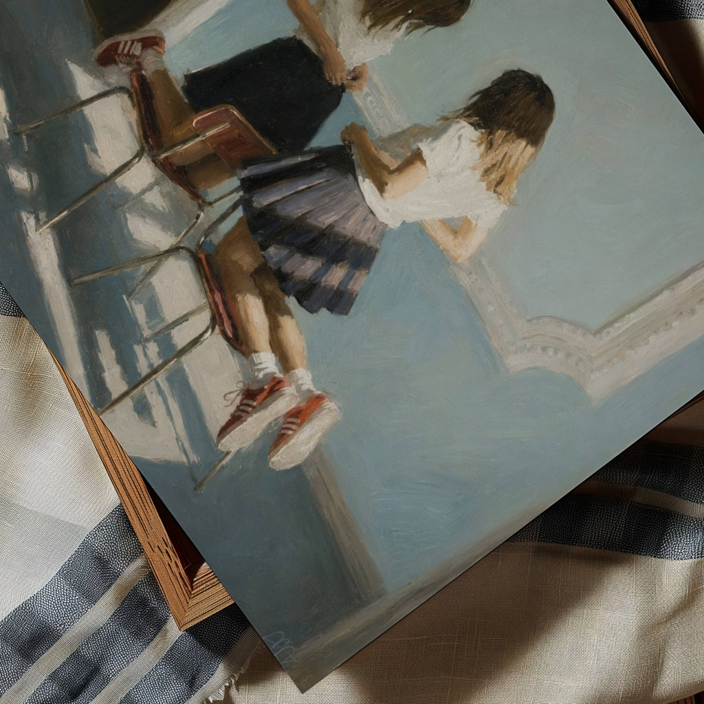 just between us is a hand painted retro nostalgic contemporary figurative wall art print of two girls sitting across each other on two chairs, inspired by contemporary figurative painting, the value of friendship, cinematic images, the melancholy beauty of old films, bringing storytelling, atmosphere and . large textured canva oil painting wall art print