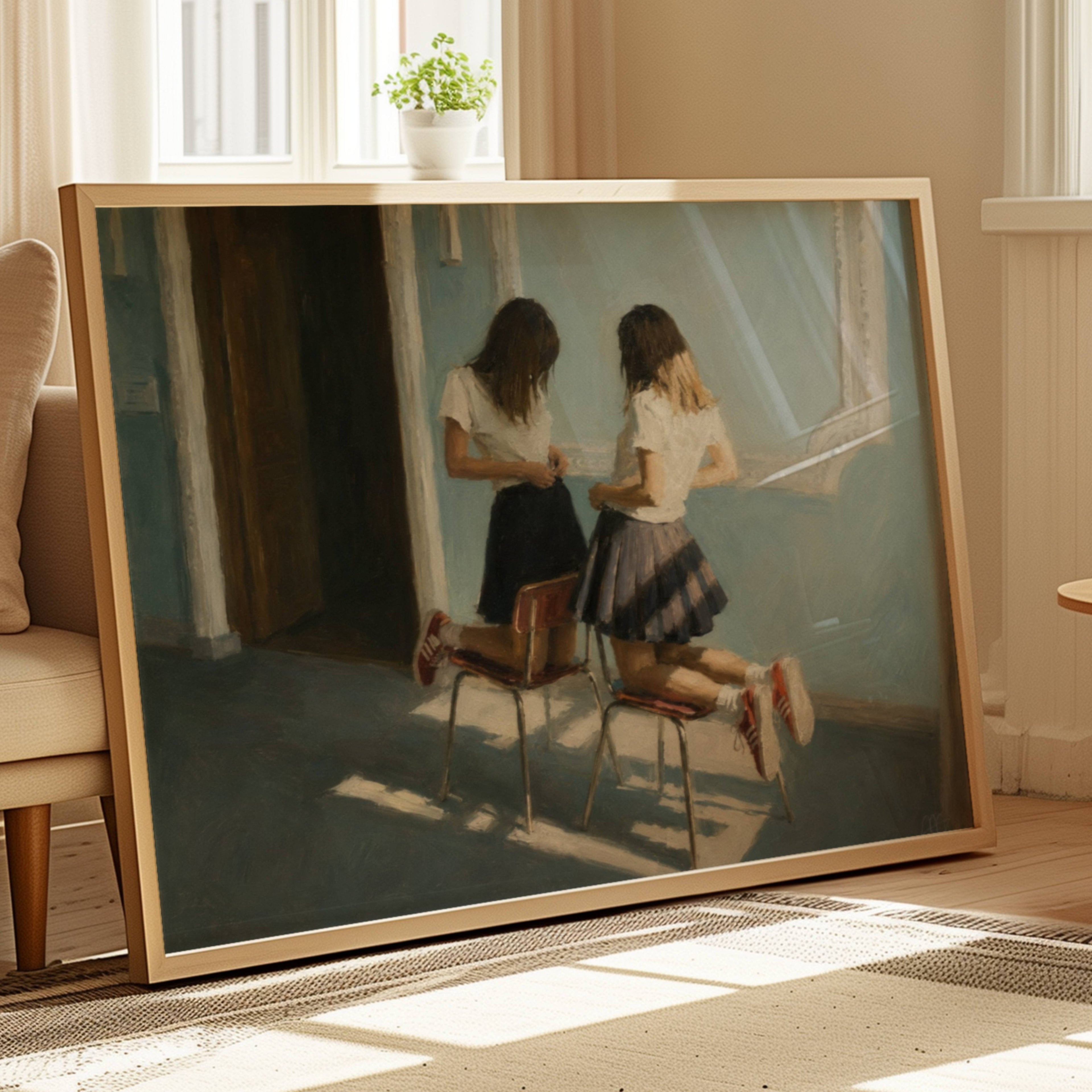 just between us is a hand painted retro nostalgic contemporary figurative wall art print of two girls sitting across each other on two chairs, inspired by contemporary figurative painting, the value of friendship, cinematic images, the melancholy beauty of old films, bringing storytelling, atmosphere and . large textured canva oil painting wall art print