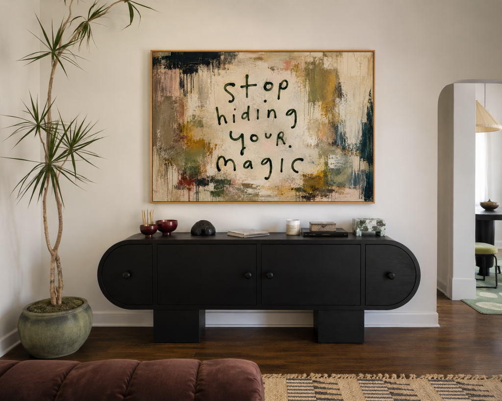 hand drawn Trendy typography abstract print with the motivational quote "DONT STOP HIDING YOUR MAGIC" in a textured abstract painted canva with brush strokes in olive green khaki colors. This is a trendy minimal typography wall art print ideal for above bed, bedrooms, dorm room decor, living rooms and kitchens, gallery walls and playful interiors. The perfect Cool Girl Apartment decor