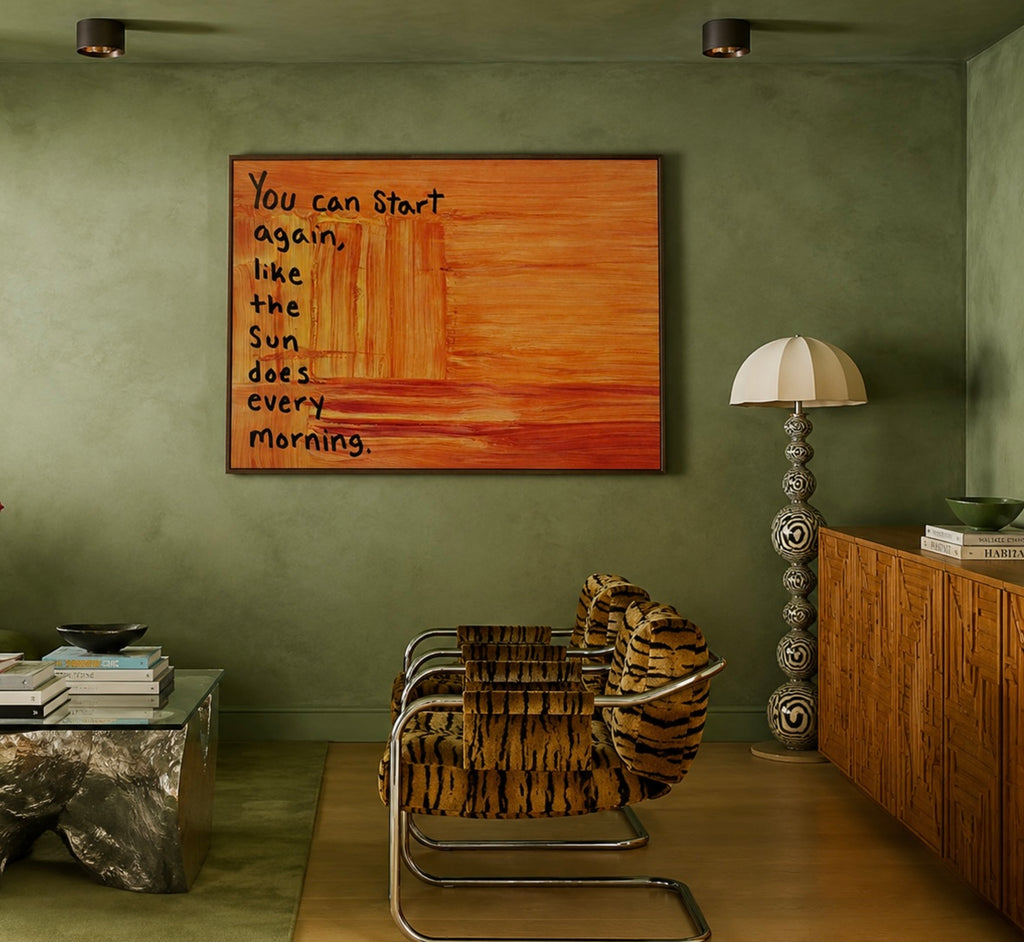 hand drawn Trendy typography abstract print with the motivational quote "You can start again like the sun does every morning" in a textured abstract gradient painted canva in sunset colors. This is a trendy grafitti style typography wall art print ideal for above bed, bedrooms, dorm room decor, living rooms and kitchens, gallery walls and playful interiors. The perfect Cool Girl Apartment decor