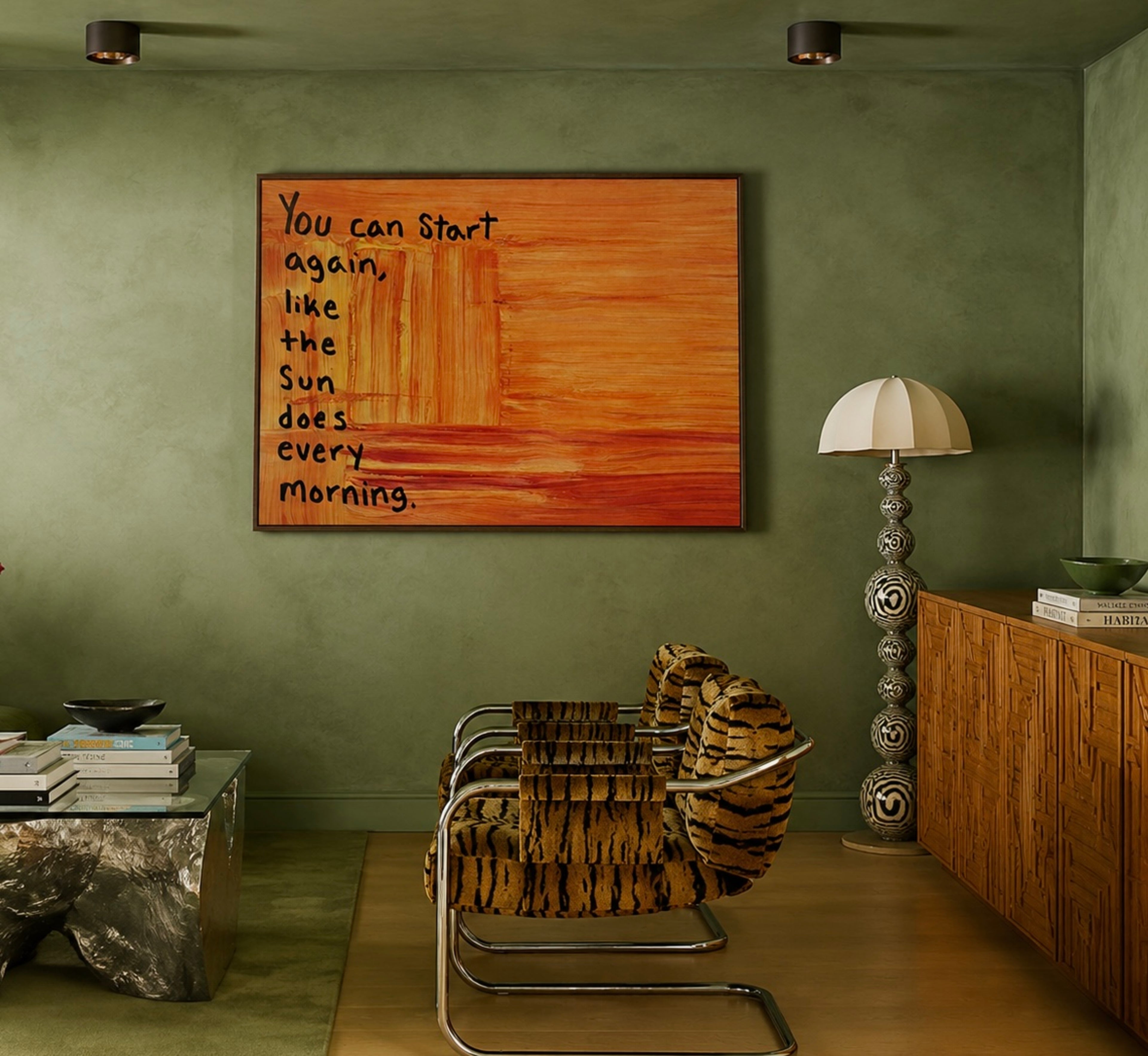 hand drawn Trendy typography abstract print with the motivational quote "You can start again like the sun does every morning" in a textured abstract gradient painted canva in sunset colors. This is a trendy grafitti style typography wall art print ideal for above bed, bedrooms, dorm room decor, living rooms and kitchens, gallery walls and playful interiors. The perfect Cool Girl Apartment decor