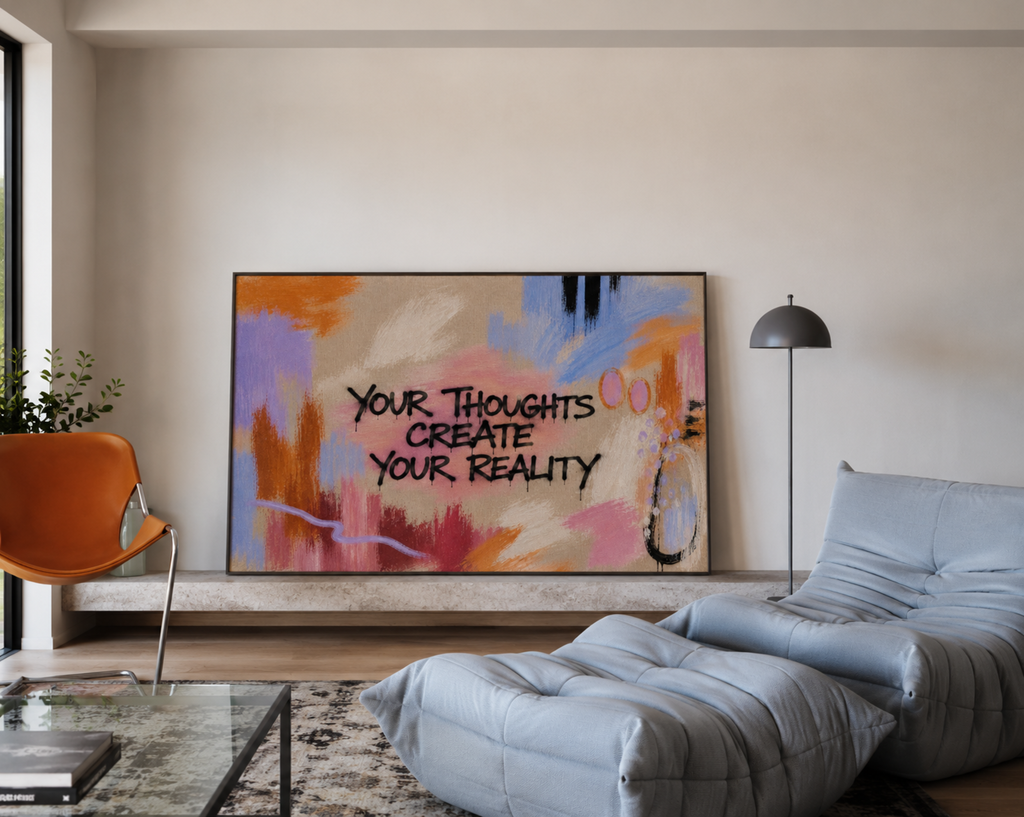 hand drawn Trendy typography abstract print with the motivational quote "YOUR THOUGHTS CREATE YOUR REALITY" in a textured abstract painted canva with brush strokes. This is a trendy minimal typography wall art print ideal for above bed, bedrooms, dorm room decor, living rooms and kitchens, gallery walls and playful interiors. The perfect Cool Girl Apartment decor