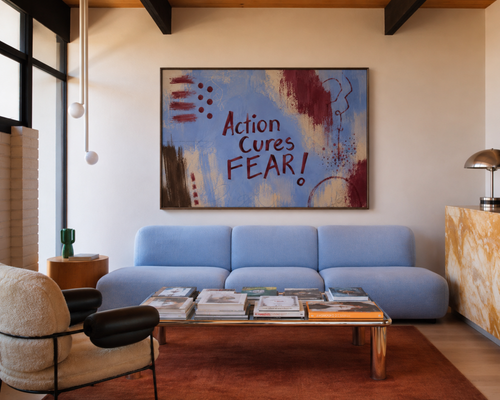 hand drawn Trendy typography abstract print with the motivational quote "ACTION CURES FEAR" in a textured abstract painted canva in blue and ruby colors. This is a trendy grafitti style typography wall art print ideal for above bed, bedrooms, dorm room decor, living rooms and kitchens, gallery walls and playful interiors. The perfect Cool Girl Apartment decor
