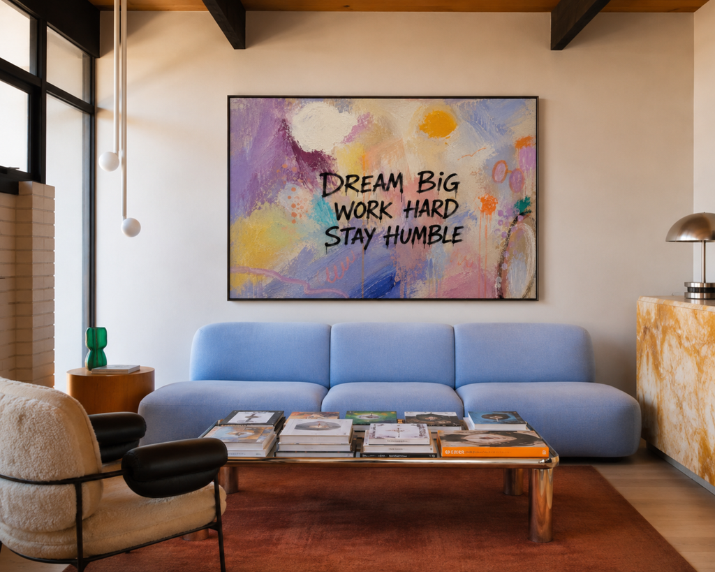 hand drawn Trendy typography abstract print with the motivational quote "DREAM BIG WORK HARD STAY HUMBLE" in a textured abstract painted canva in multiple colors. This is a trendy grafitti style typography wall art print ideal for above bed, bedrooms, dorm room decor, living rooms and kitchens, gallery walls and playful interiors. The perfect Cool Girl Apartment decor