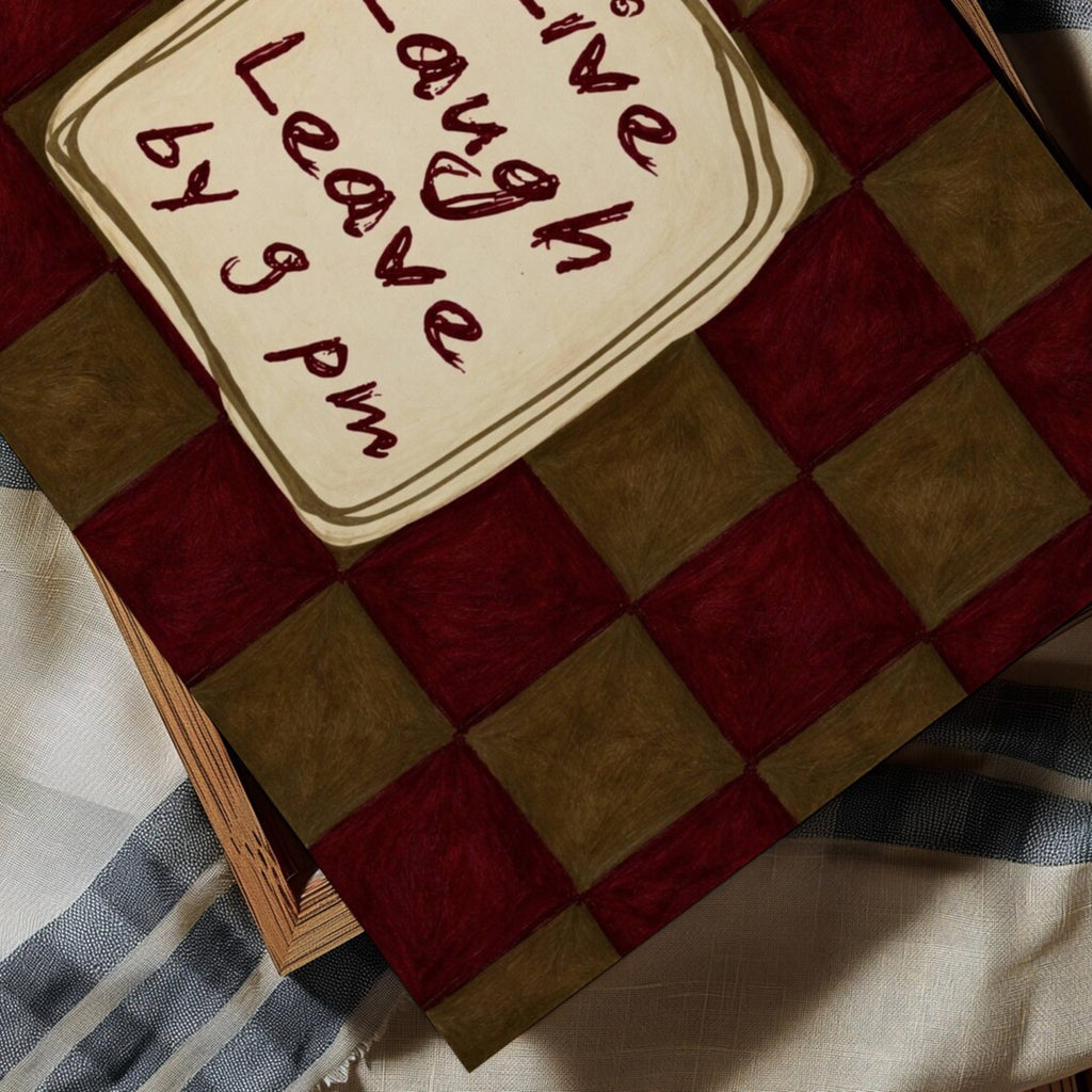 hand drawn Playful typography print with the phrase "live laught leave by 9pm" in a retro checkered pink ruby, blue ruby, khaki burgundy, pink green on textured oil painting canva. This is a hand drawn trendy typography wall art print ideal for above bed, bedrooms, dorm room decor, living rooms and kitchens, gallery walls and playful interiors.