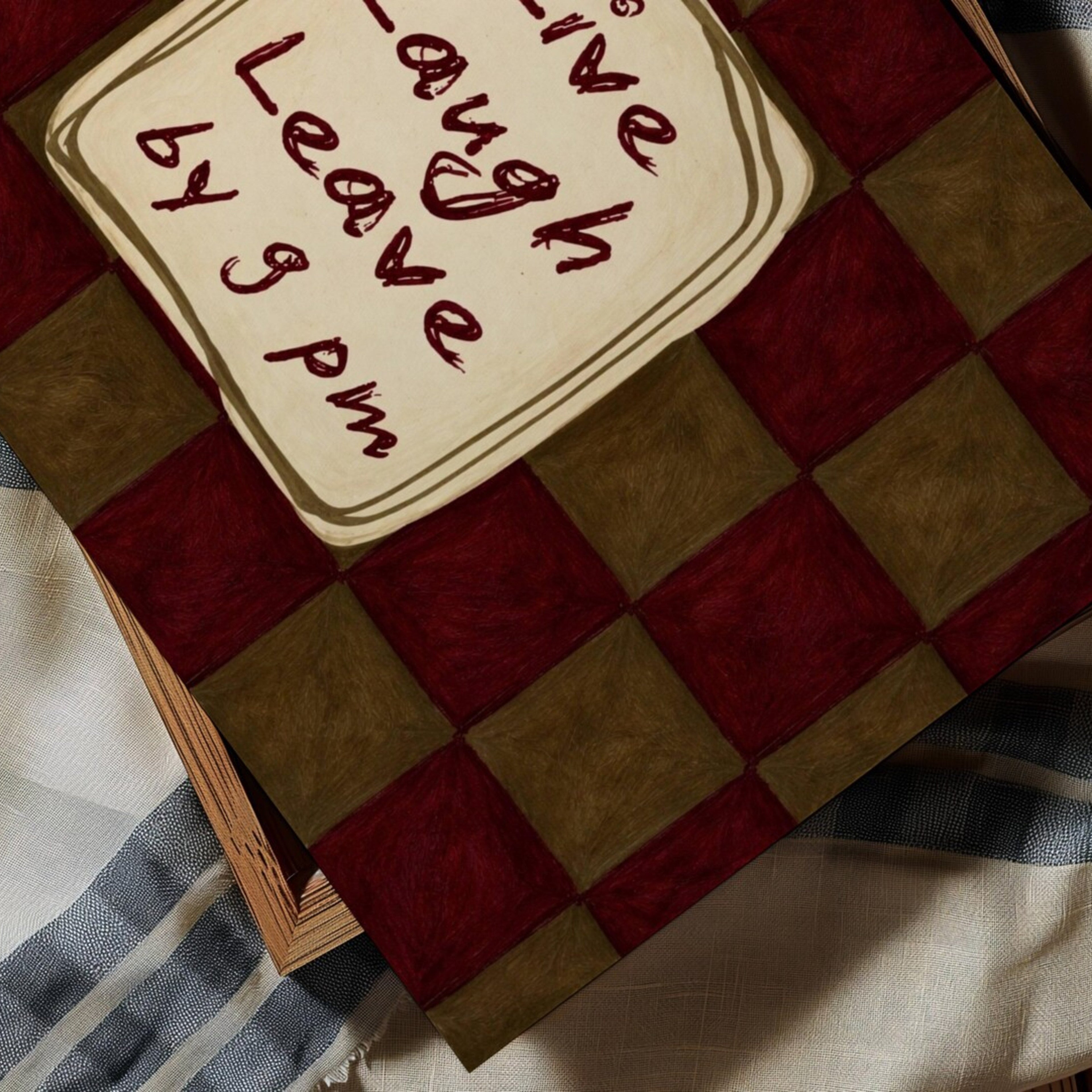 hand drawn Playful typography print with the phrase "live laught leave by 9pm" in a retro checkered pink ruby, blue ruby, khaki burgundy, pink green on textured oil painting canva. This is a hand drawn trendy typography wall art print ideal for above bed, bedrooms, dorm room decor, living rooms and kitchens, gallery walls and playful interiors.
