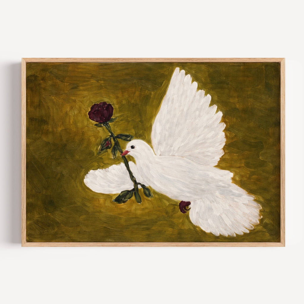 messenger of love is a hand painted contemporary figurative wall art print featuring a white dove carrying a red rose on a khaki green background, inspired by contemporary figurative painting, romantic symbolism, classical painting, exploring the themes of love and hope. Horizontal large textured canva oil painting wall art print