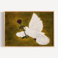 messenger of love is a hand painted contemporary figurative wall art print featuring a white dove carrying a red rose on a khaki green background, inspired by contemporary figurative painting, romantic symbolism, classical painting, exploring the themes of love and hope. Horizontal large textured canva oil painting wall art print