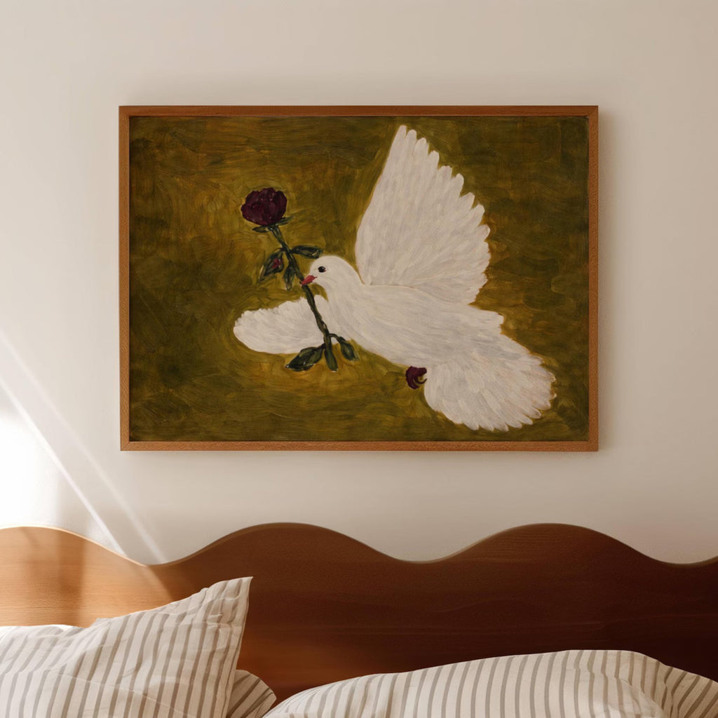 messenger of love is a hand painted contemporary figurative wall art print featuring a white dove carrying a red rose on a khaki green background, inspired by contemporary figurative painting, romantic symbolism, classical painting, exploring the themes of love and hope. Horizontal large textured canva oil painting wall art print