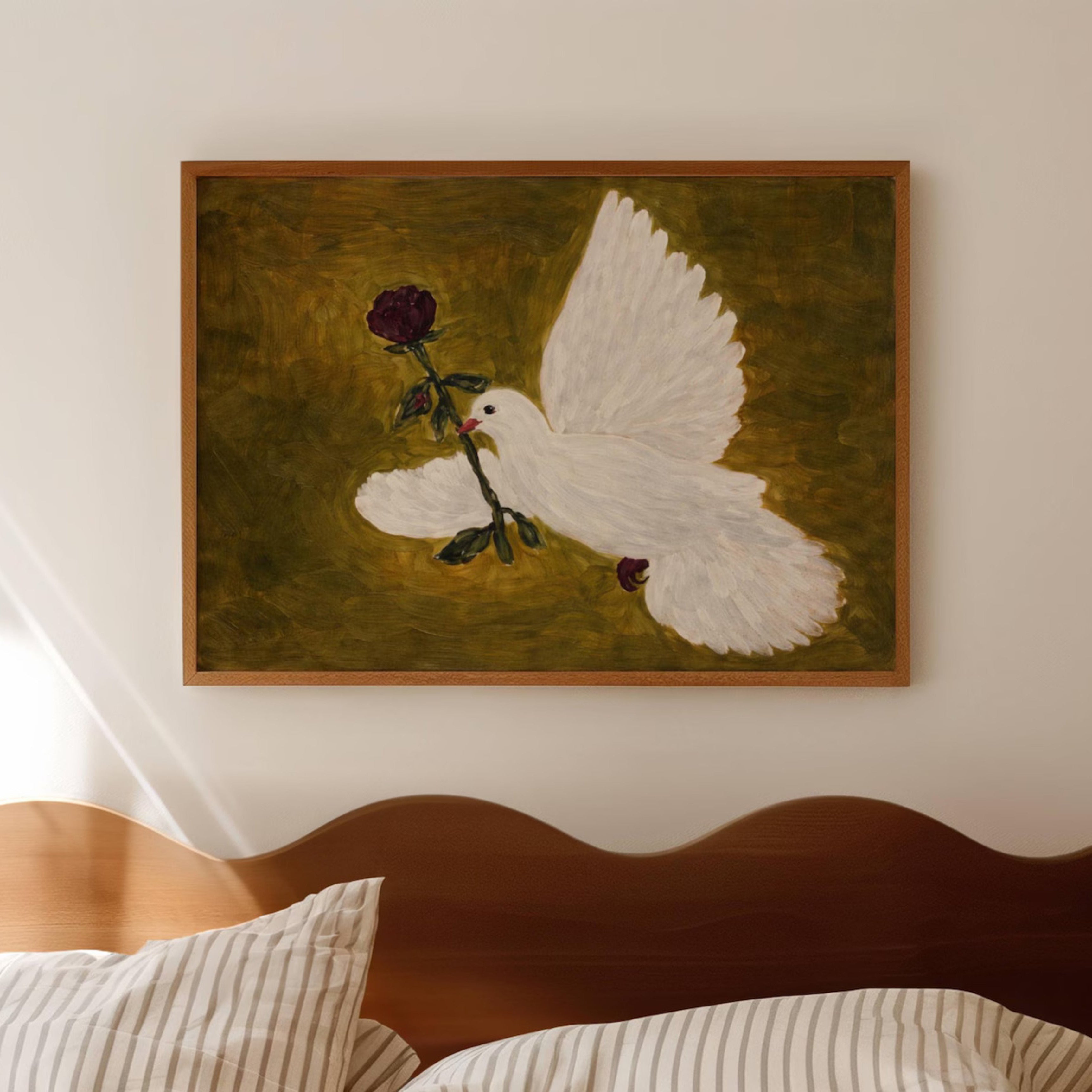 messenger of love is a hand painted contemporary figurative wall art print featuring a white dove carrying a red rose on a khaki green background, inspired by contemporary figurative painting, romantic symbolism, classical painting, exploring the themes of love and hope. Horizontal large textured canva oil painting wall art print