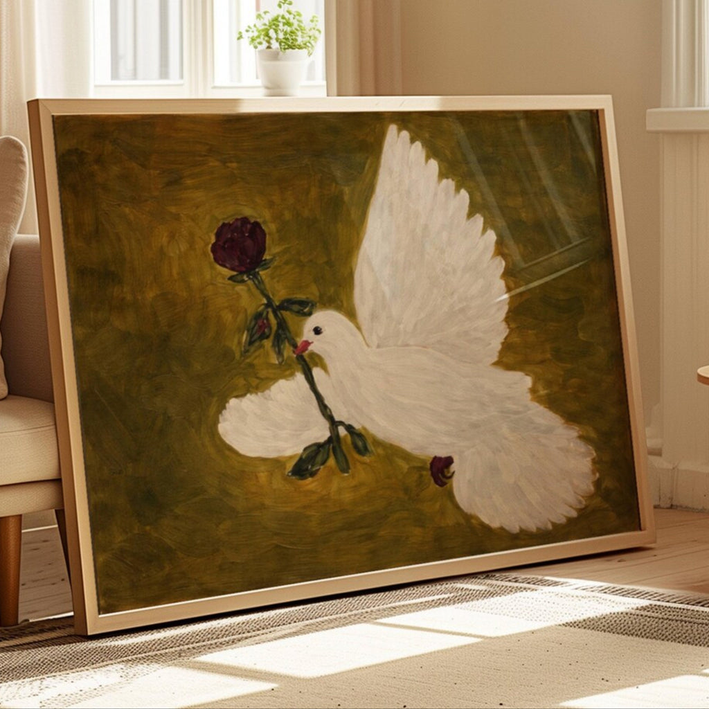 messenger of love is a hand painted contemporary figurative wall art print featuring a white dove carrying a red rose on a khaki green background, inspired by contemporary figurative painting, romantic symbolism, classical painting, exploring the themes of love and hope. Horizontal large textured canva oil painting wall art print