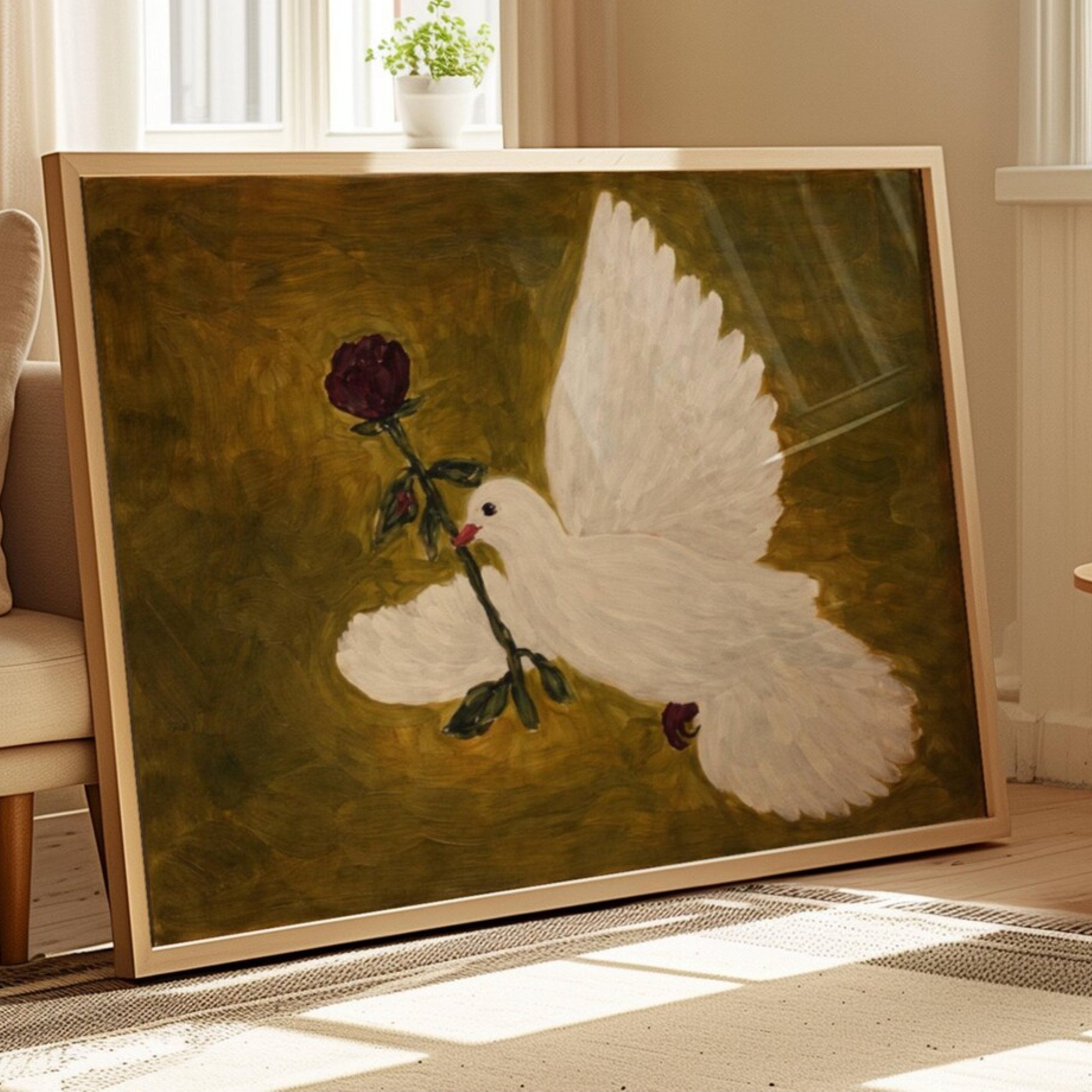 messenger of love is a hand painted contemporary figurative wall art print featuring a white dove carrying a red rose on a khaki green background, inspired by contemporary figurative painting, romantic symbolism, classical painting, exploring the themes of love and hope. Horizontal large textured canva oil painting wall art print