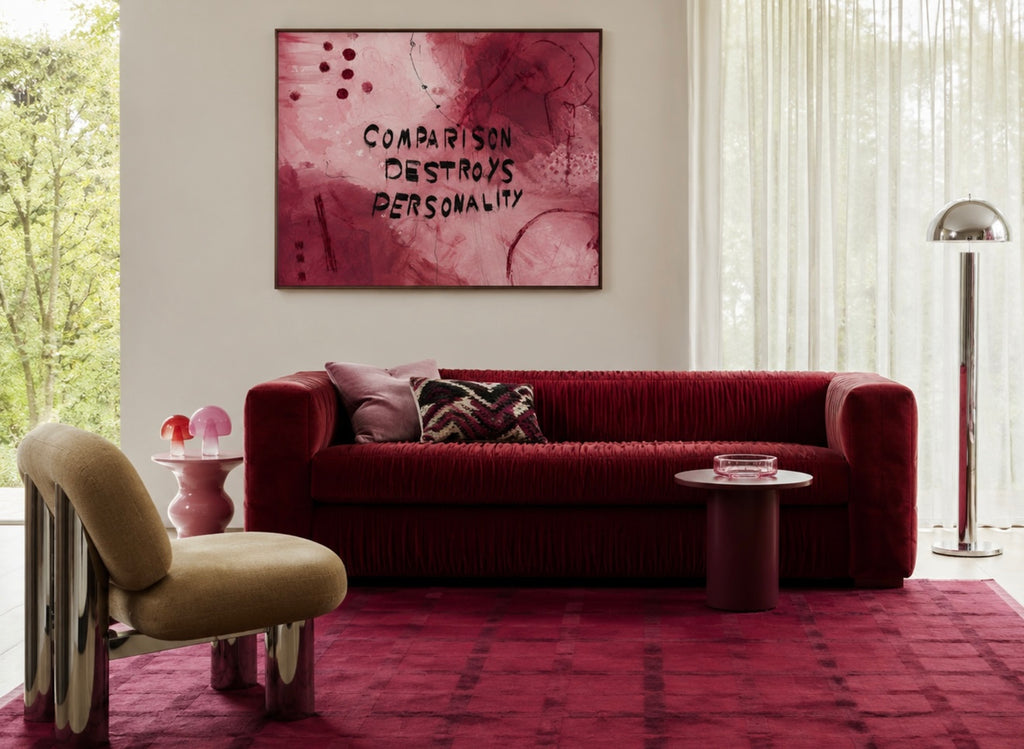 hand drawn Trendy typography abstract print with the motivational quote "COMPARISON DESTROYS PERSONALITY" in a textured abstract painted canva in pink and ruby colors. This is a trendy grafitti style typography wall art print ideal for above bed, bedrooms, dorm room decor, living rooms and kitchens, gallery walls and playful interiors. The perfect Cool Girl Apartment decor