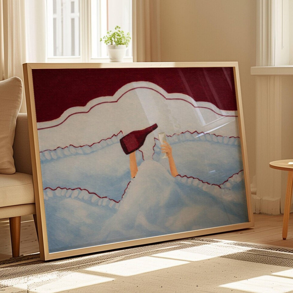 Not tonight, society is a hand painted wall art print featuring hands holding wine beneath layered bedding, in blue and ruby burgundy tones, inspired by slow mornings and nostalgic interiors, symbolizing quiet luxury and unhurried mornings. Horizontal funny feminine girly above bed oil painting wall art print . sunday morning aesthetic intimate wall art