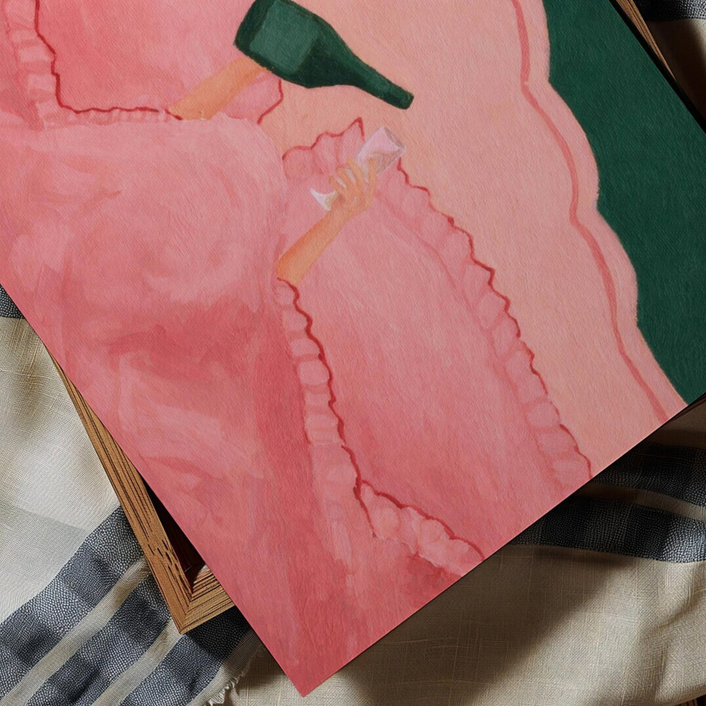 Not tonight, society is a hand painted wall art print featuring hands holding wine beneath layered bedding, in pink and green tones, inspired by slow mornings and nostalgic interiors, symbolizing quiet luxury and unhurried mornings. Horizontal funny feminine girly above bed oil painting wall art print . sunday morning aesthetic intimate wall art