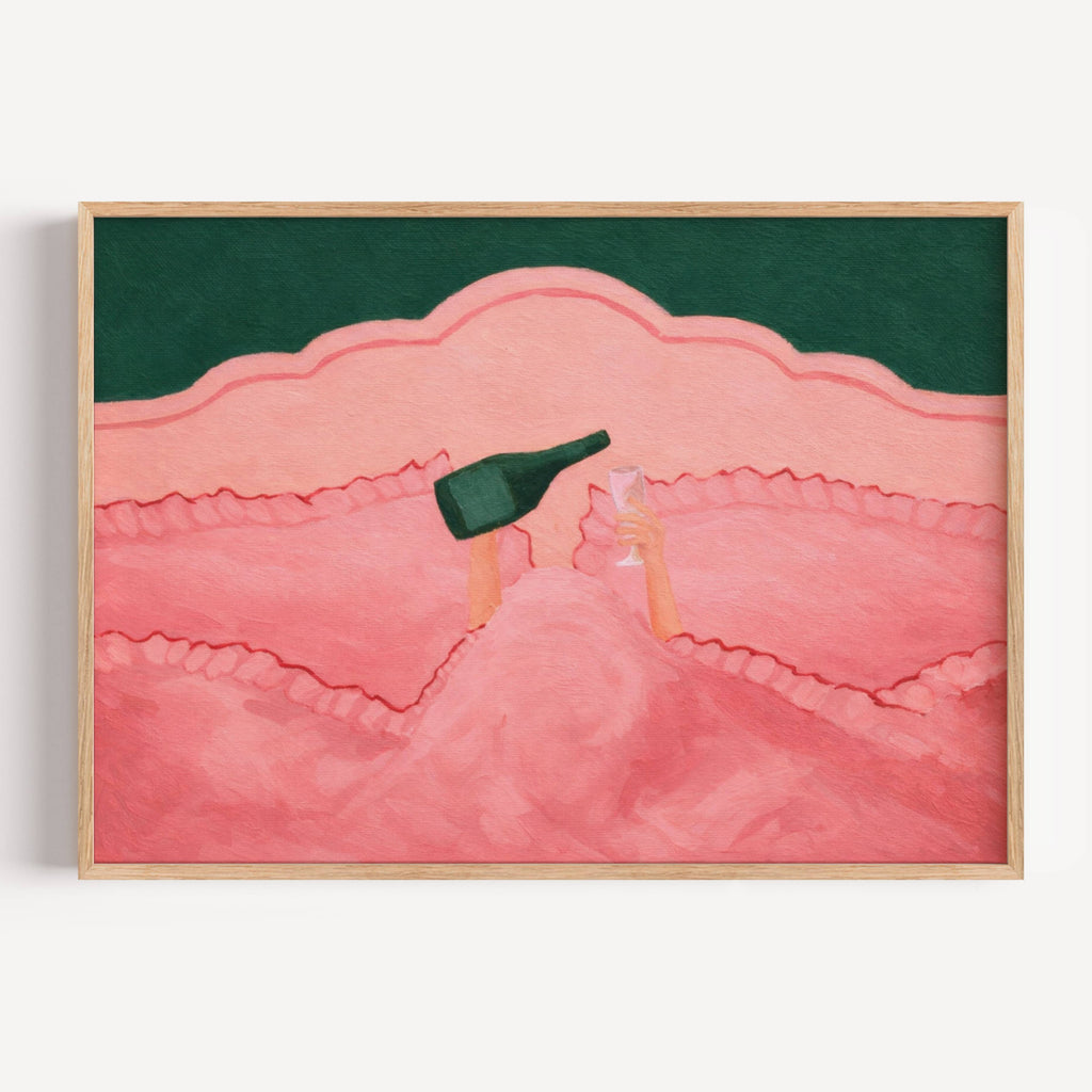 Not tonight, society is a hand painted wall art print featuring hands holding wine beneath layered bedding, in pink and green tones, inspired by slow mornings and nostalgic interiors, symbolizing quiet luxury and unhurried mornings. Horizontal funny feminine girly above bed oil painting wall art print . sunday morning aesthetic intimate wall art