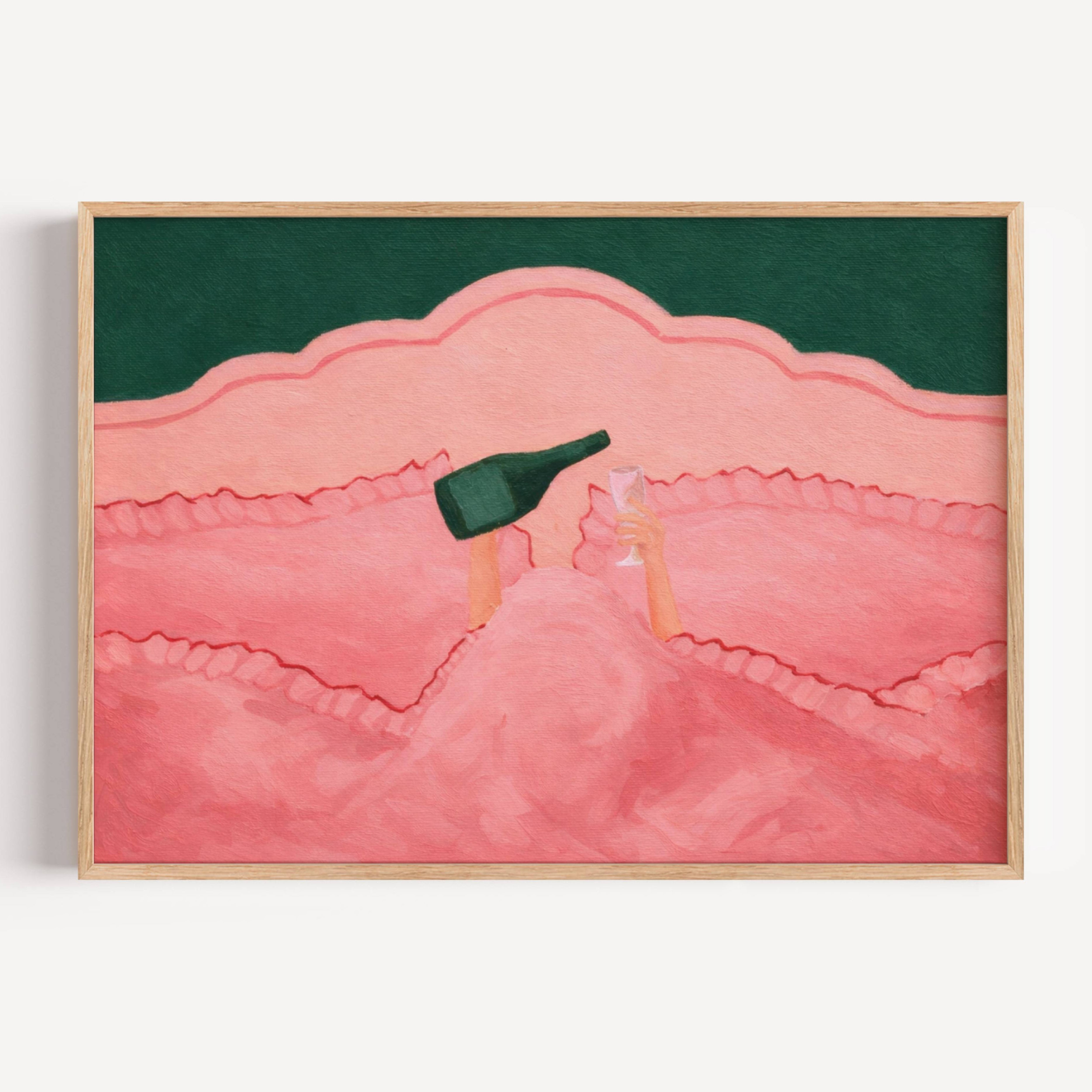 Not tonight, society is a hand painted wall art print featuring hands holding wine beneath layered bedding, in pink and green tones, inspired by slow mornings and nostalgic interiors, symbolizing quiet luxury and unhurried mornings. Horizontal funny feminine girly above bed oil painting wall art print . sunday morning aesthetic intimate wall art