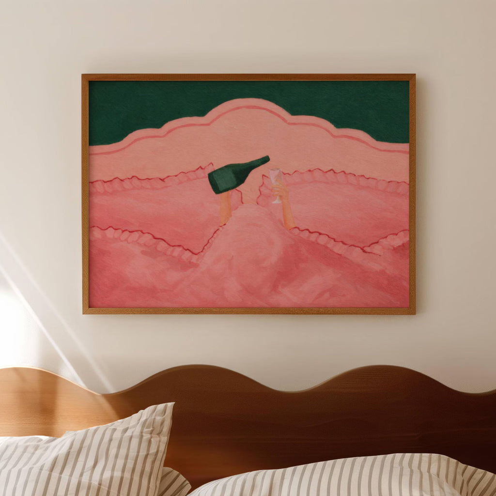 Not tonight, society is a hand painted wall art print featuring hands holding wine beneath layered bedding, in pink and green tones, inspired by slow mornings and nostalgic interiors, symbolizing quiet luxury and unhurried mornings. Horizontal funny feminine girly above bed oil painting wall art print . sunday morning aesthetic intimate wall art