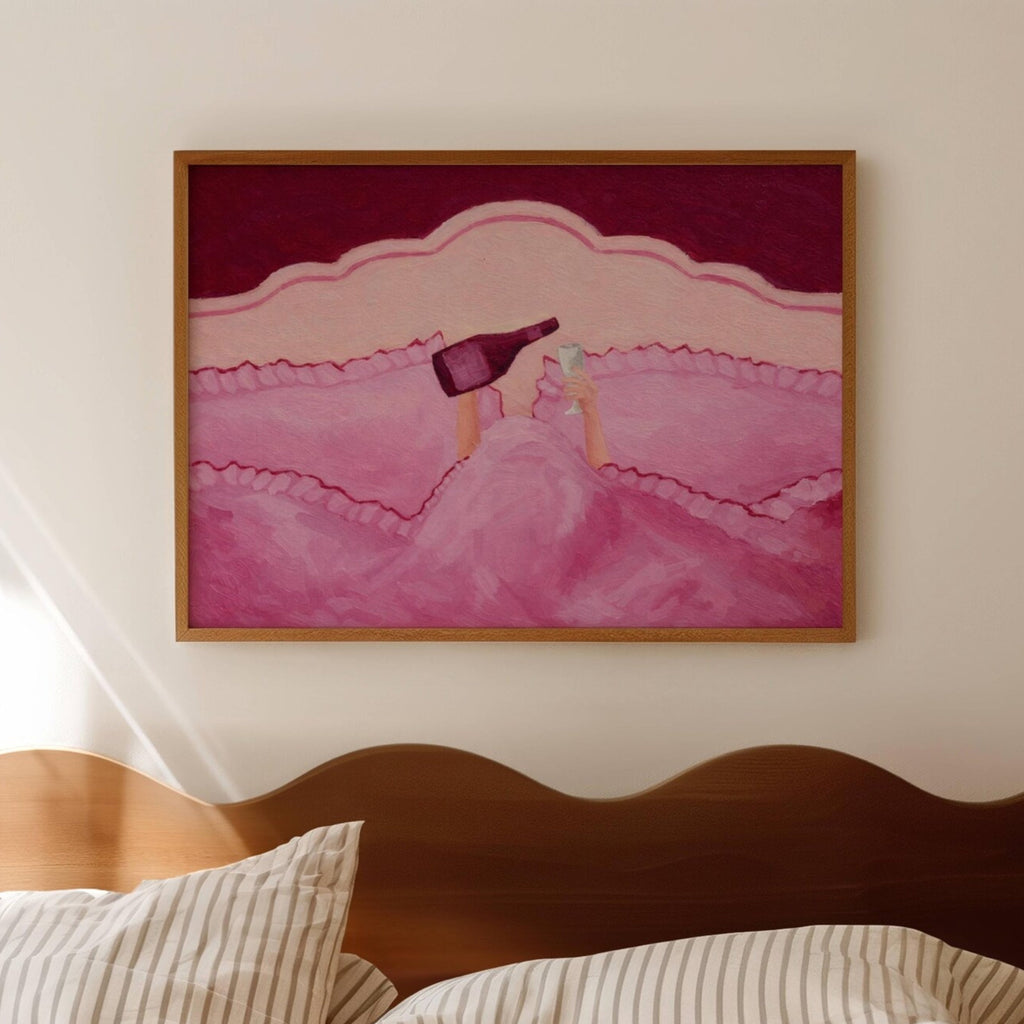 Not tonight, society is a hand painted wall art print featuring hands holding wine beneath layered bedding, in pink and ruby burgundy tones, inspired by slow mornings and nostalgic interiors, symbolizing quiet luxury and unhurried mornings. Horizontal funny feminine girly above bed oil painting wall art print . sunday morning aesthetic intimate wall art
