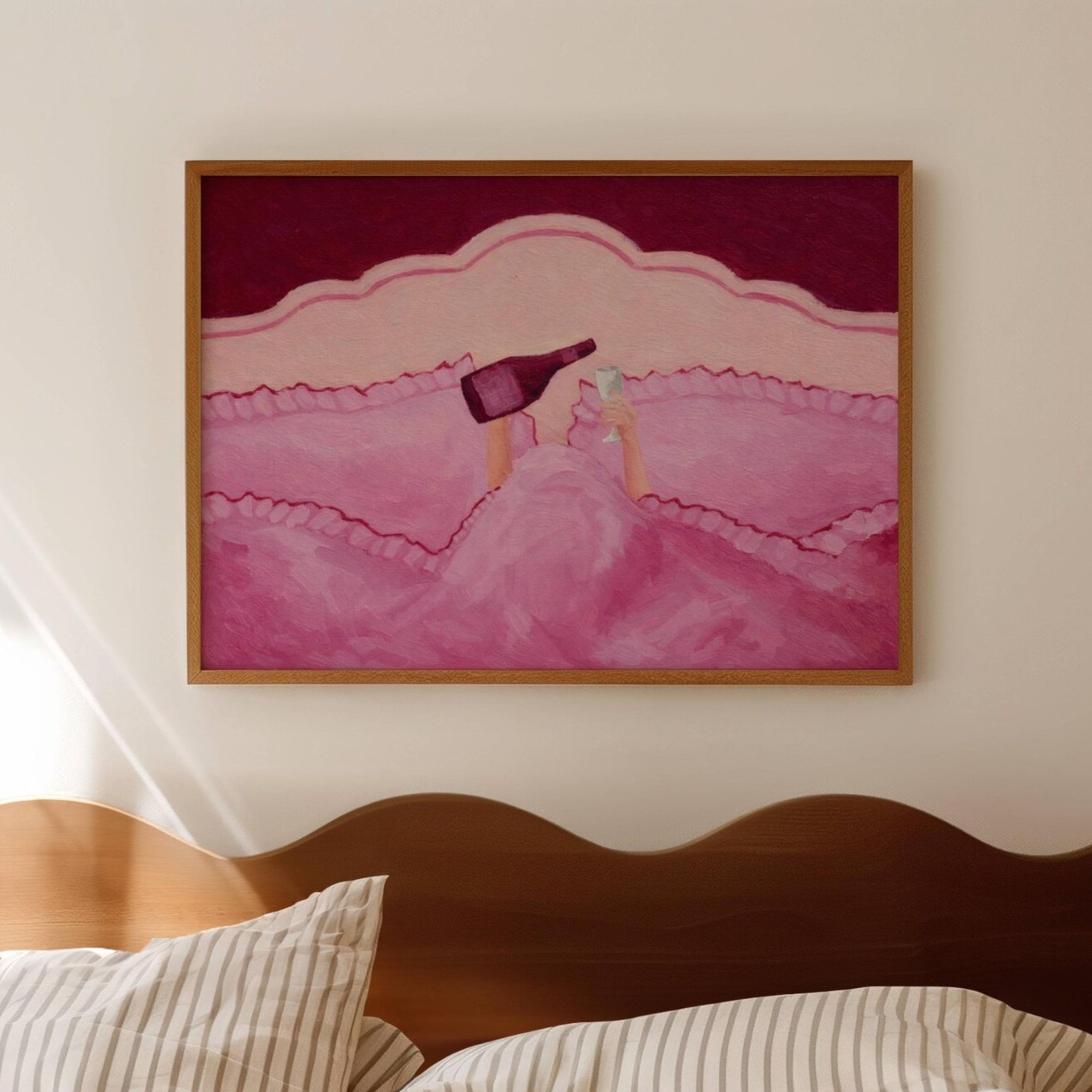 Not tonight, society is a hand painted wall art print featuring hands holding wine beneath layered bedding, in pink and ruby burgundy tones, inspired by slow mornings and nostalgic interiors, symbolizing quiet luxury and unhurried mornings. Horizontal funny feminine girly above bed oil painting wall art print . sunday morning aesthetic intimate wall art