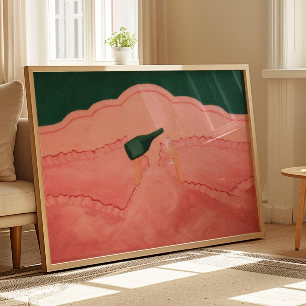 Not tonight, society is a hand painted wall art print featuring hands holding wine beneath layered bedding, in pink and green tones, inspired by slow mornings and nostalgic interiors, symbolizing quiet luxury and unhurried mornings. Horizontal funny feminine girly above bed oil painting wall art print . sunday morning aesthetic intimate wall art