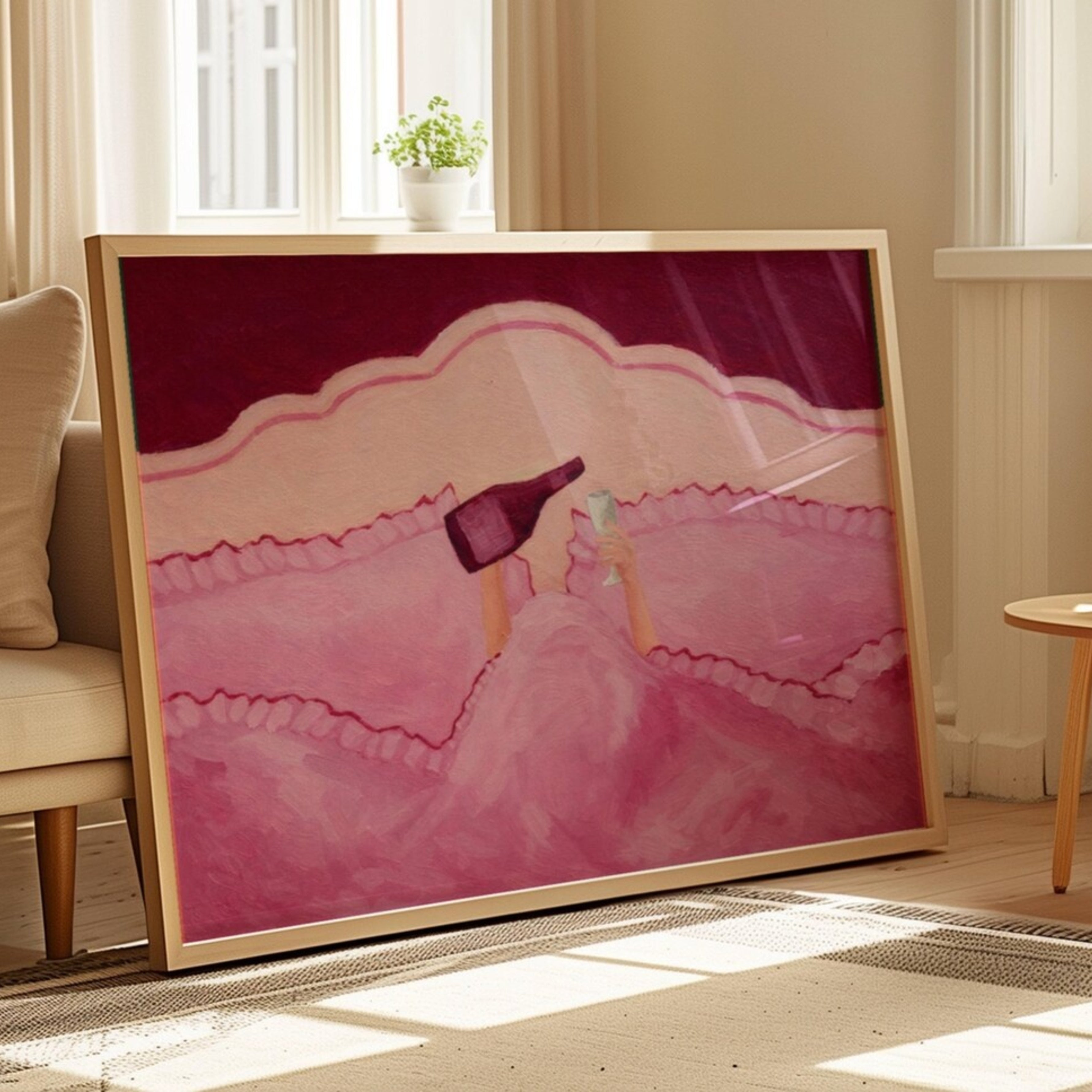 Not tonight, society is a hand painted wall art print featuring hands holding wine beneath layered bedding, in pink and ruby burgundy tones, inspired by slow mornings and nostalgic interiors, symbolizing quiet luxury and unhurried mornings. Horizontal funny feminine girly above bed oil painting wall art print . sunday morning aesthetic intimate wall art
