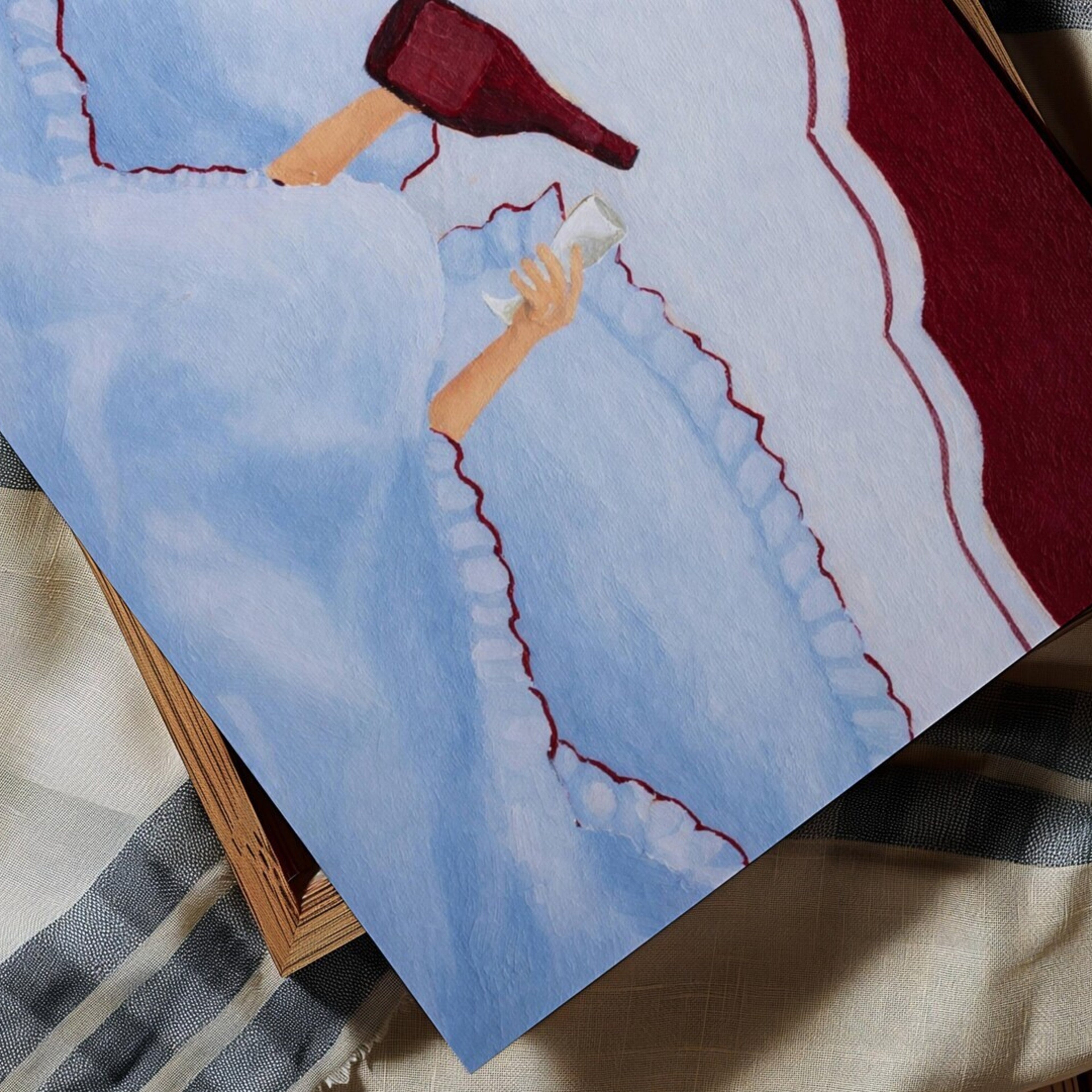 Not tonight, society is a hand painted wall art print featuring hands holding wine beneath layered bedding, in blue and ruby burgundy tones, inspired by slow mornings and nostalgic interiors, symbolizing quiet luxury and unhurried mornings. Horizontal funny feminine girly above bed oil painting wall art print . sunday morning aesthetic intimate wall art